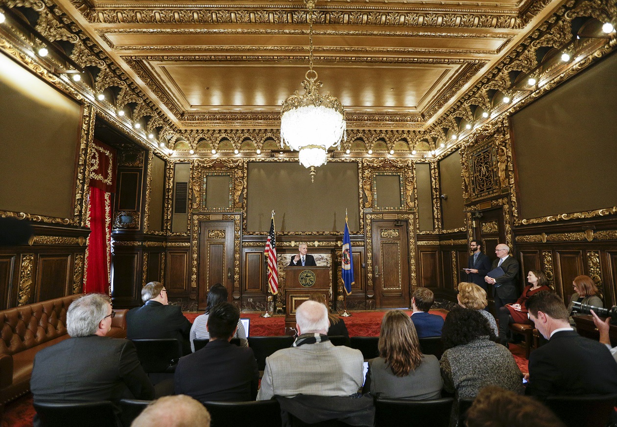 Gov. Mark Dayton addresses the news media Jan. 3 from the Governor's Reception Room in the State Capitol. Photo by Paul Battaglia