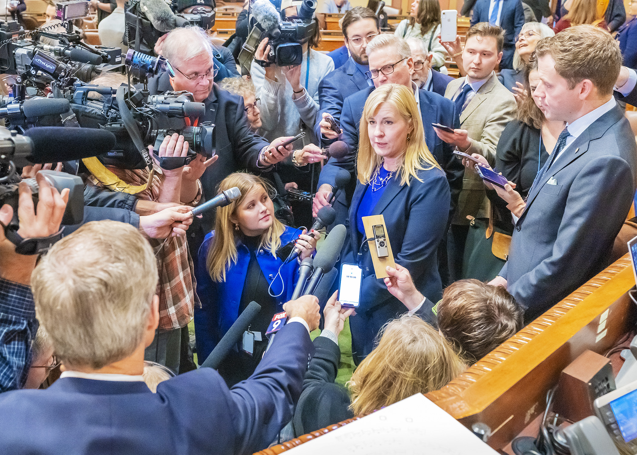 House Speaker Melissa Hortman and House Majority Leader Jamie Long take questions from the media on the House Floor following Tuesday’s opening of the 2023 session. Photo by Andrew VonBank