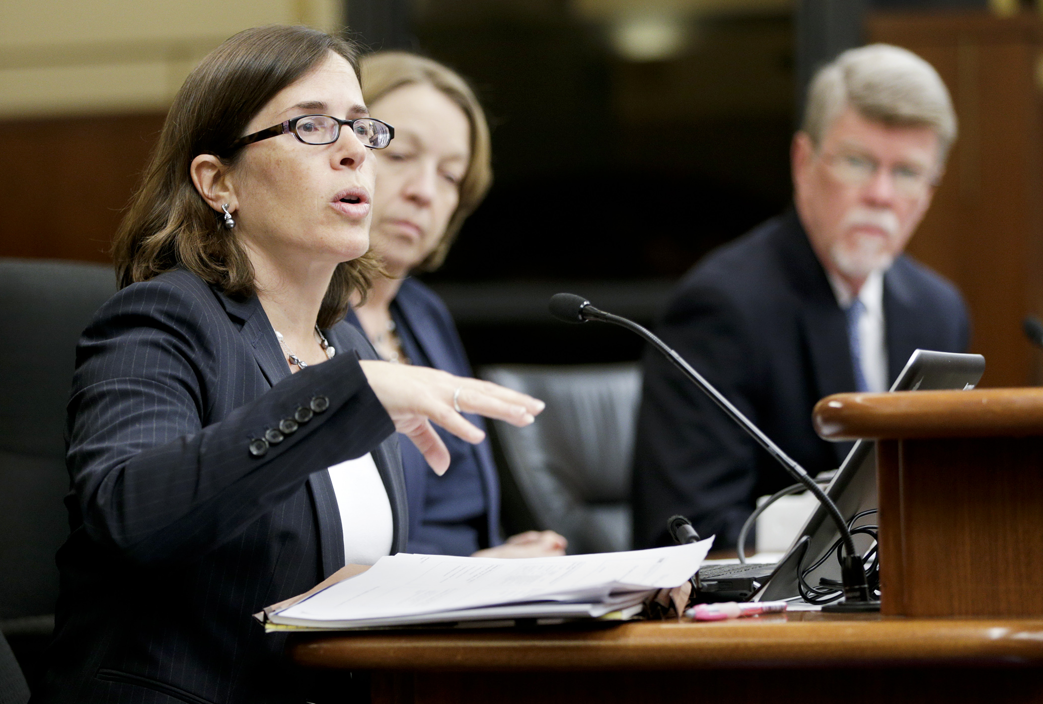 Judy Randall, left, deputy legislative auditor for the Office of the Legislative Auditor Program Evaluation Division, gives an overview of the Legacy Amendment to the House Legacy Funding Finance Committee Jan. 9. Cecile Ferkul, center, deputy legislative auditor for the Financial Audit Division, and Legislative Auditor James Nobles look on. Photo by Paul Battaglia