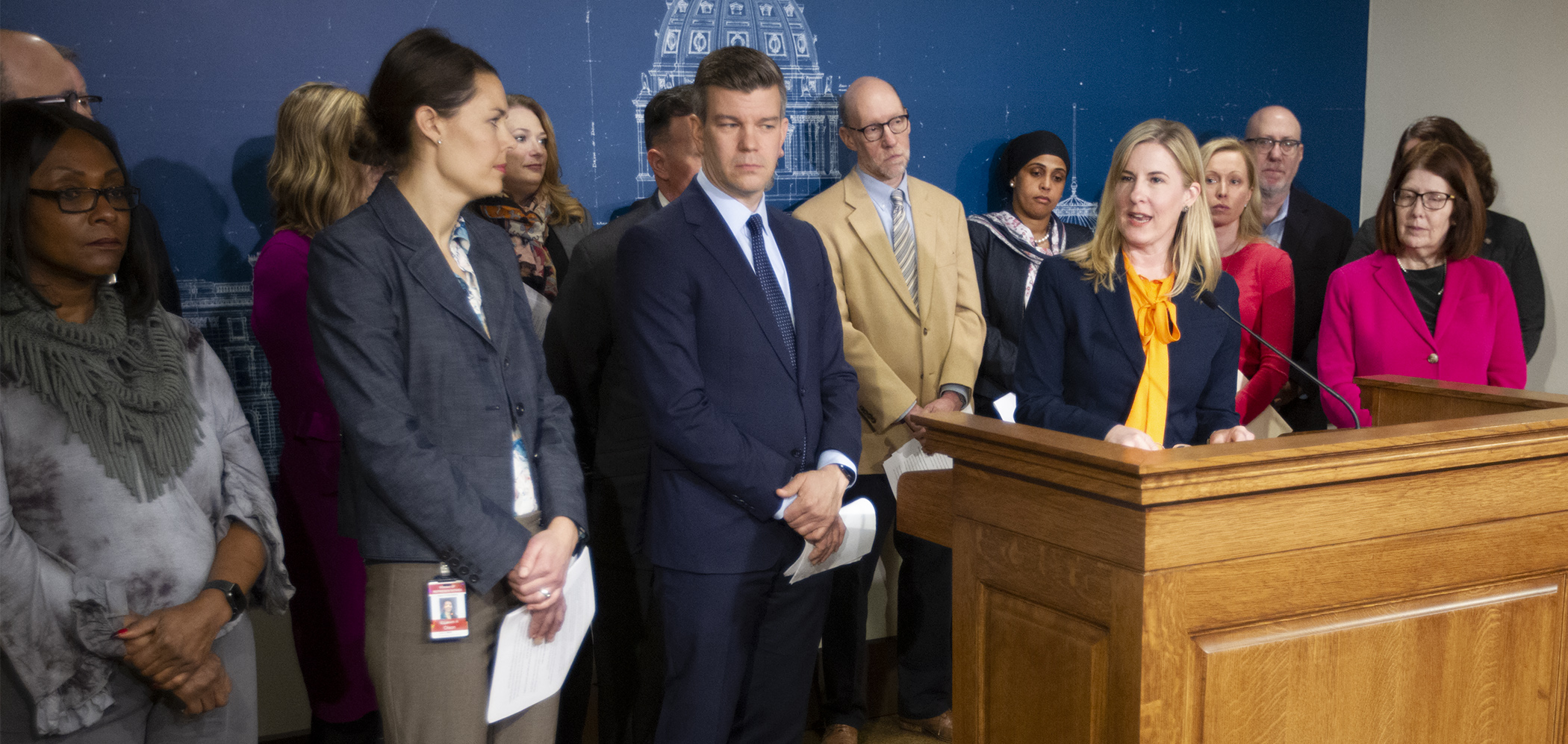 Surrounded by members of her caucus, House Speaker Melissa Hortman speaks during the unveiling of the House DFL’s first 10 bills, the so-called “Minnesota Values Agenda,” during a Jan. 9 press conference. | Photo by Paul Battaglia