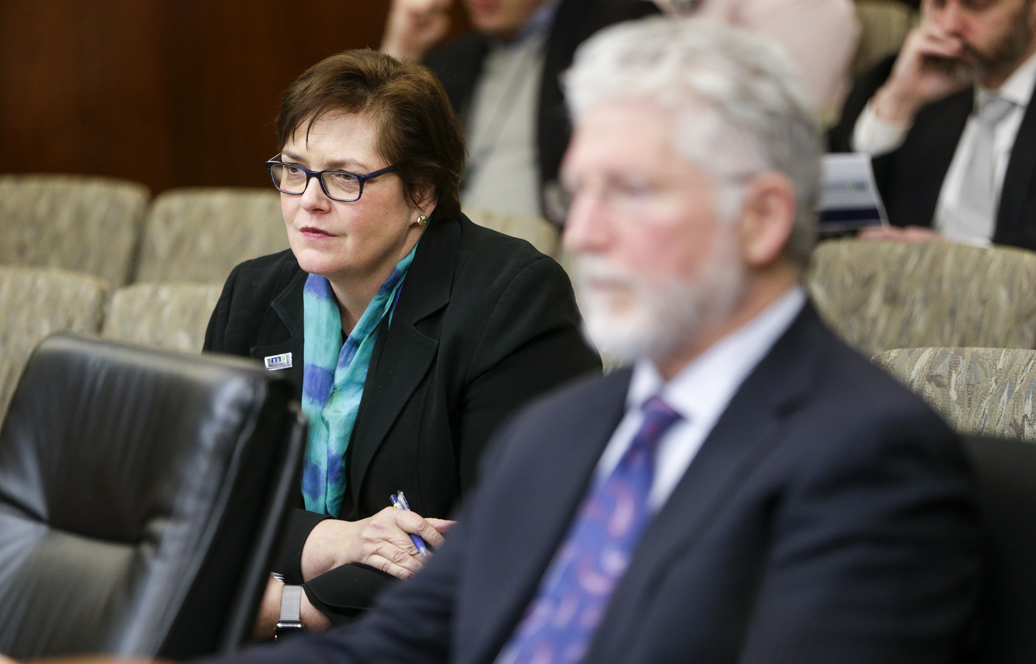 Transportation Commissioner, and former House Speaker, Margaret Anderson Kelliher listens as the House Transportation Finance and Policy Division receives a MnDOT overview Jan. 17. Photo by Paul Battaglia