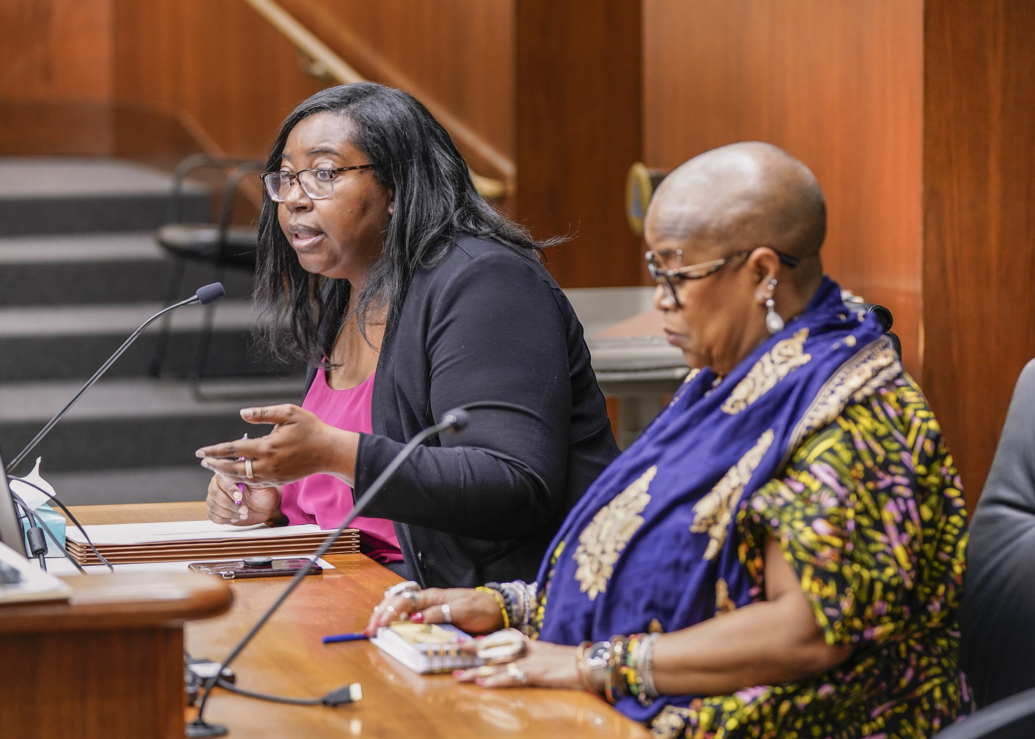 Rep. Ruth Richardson testifies to the importance of having a designated support person present while receiving maternal health care. The House Health Finance and Policy Committee approved the Richardson-sponsored HF52 Tuesday. (Photo by Catherine Davis)