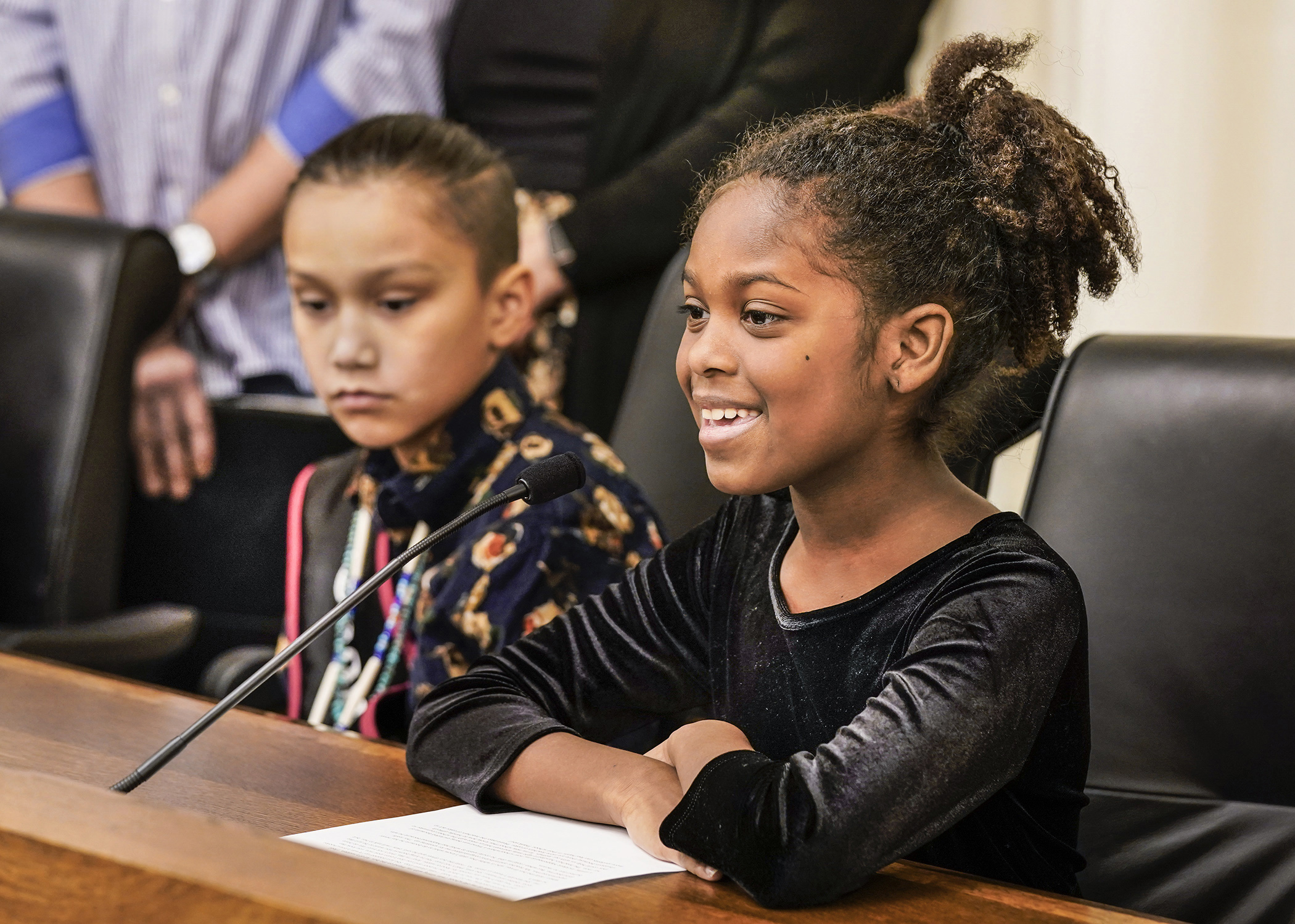 Azomali Obisakin a fourth-grade student at Riverview Elementary School, testifies before the House Education Policy Committee Jan. 18 in support of HF320 that would increase the percentage of teachers of color in Minnesota schools. (Photo by Catherine Davis