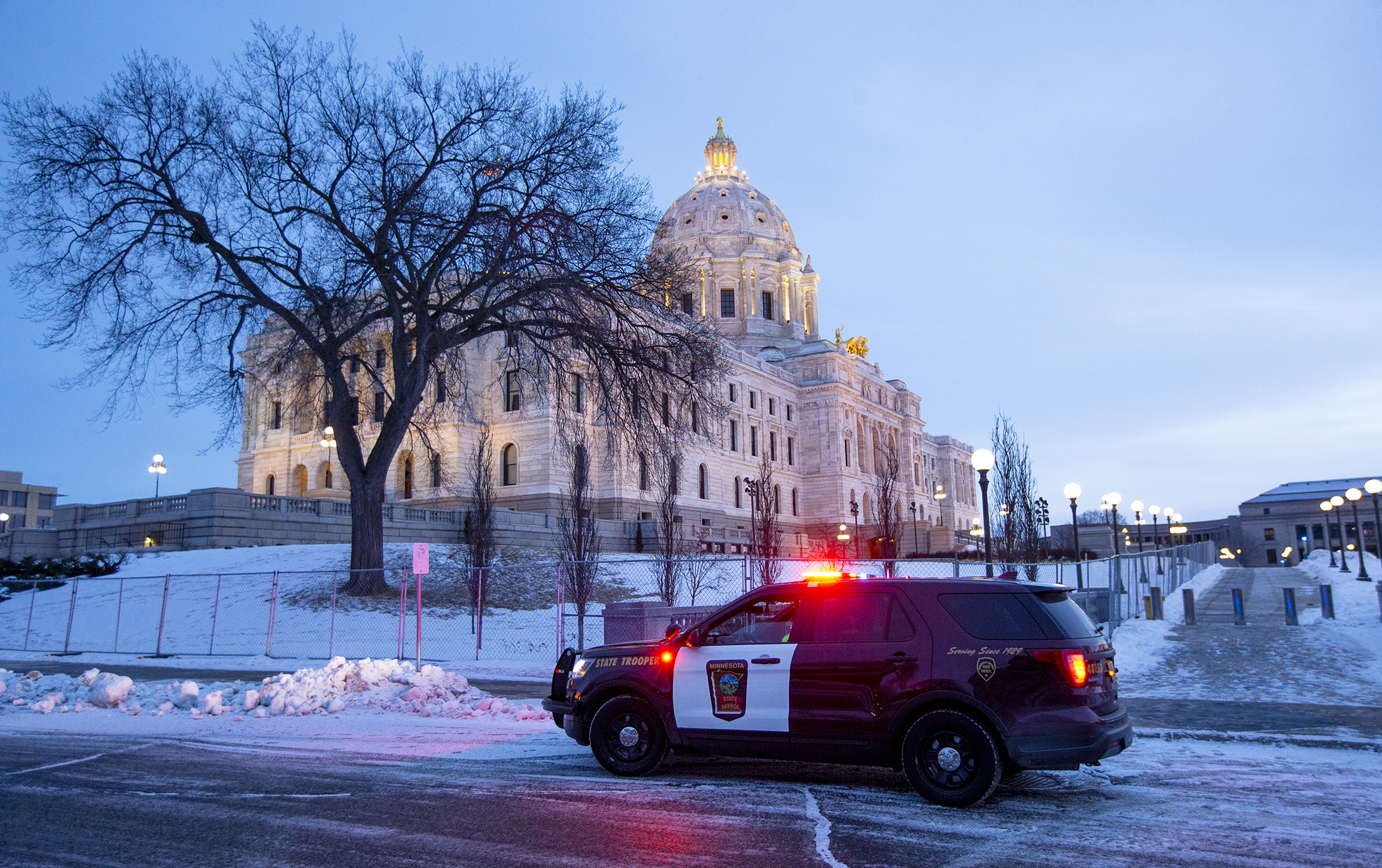 A Minnesota State Patrol squad car is part of the increased security presence outside the State Capitol Jan. 20, following the attack on the U.S. Capitol two weeks earlier. Photo by Paul Battaglia