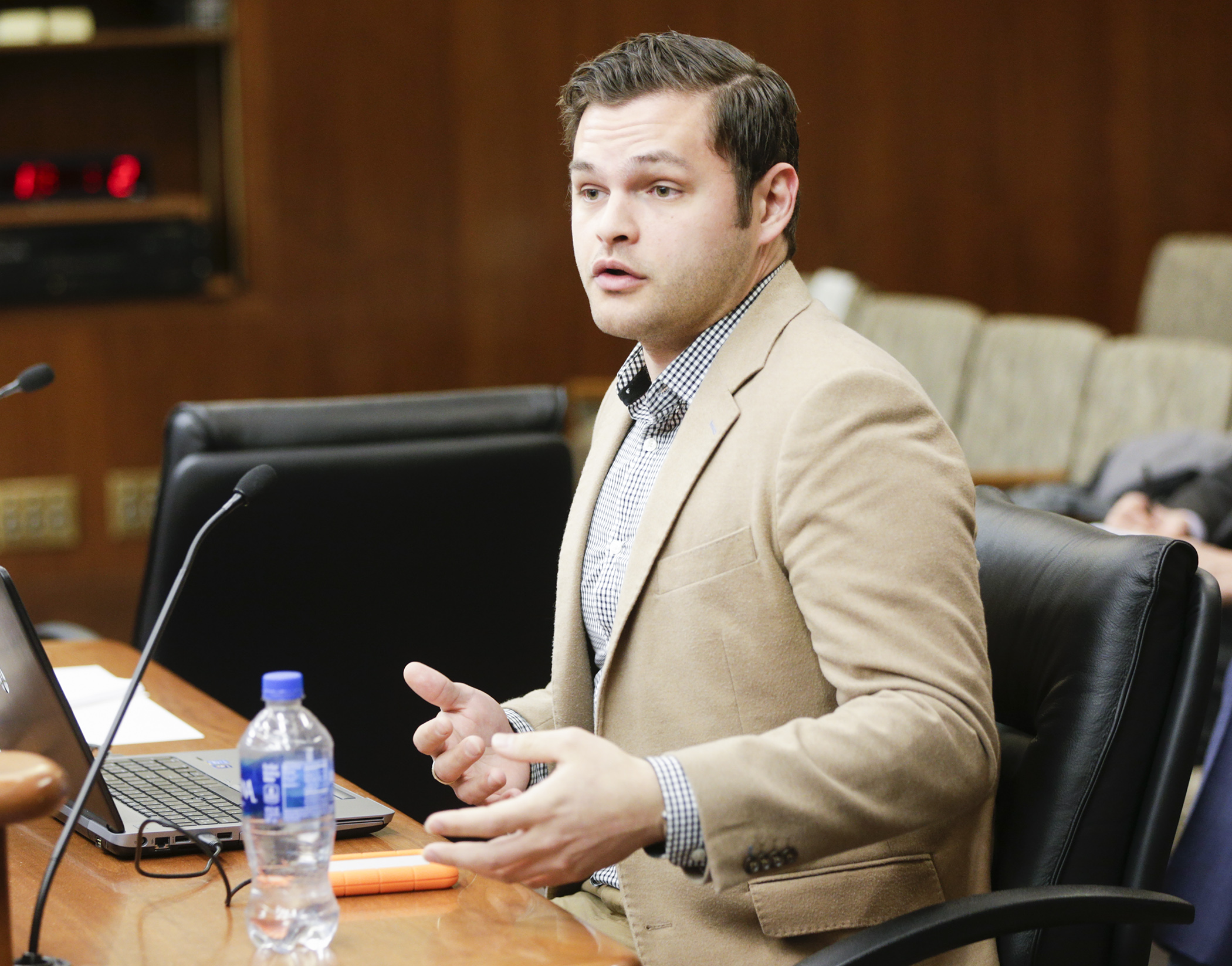 Kevin Ehrman-Solberg, digital and geospatial director with the University of Minnesota’s Mapping Prejudice Project, testifies before the House Judiciary Finance and Civil Law Division Jan. 22 on HF51 to clarify restrictive covenants. Photo by Paul Battaglia