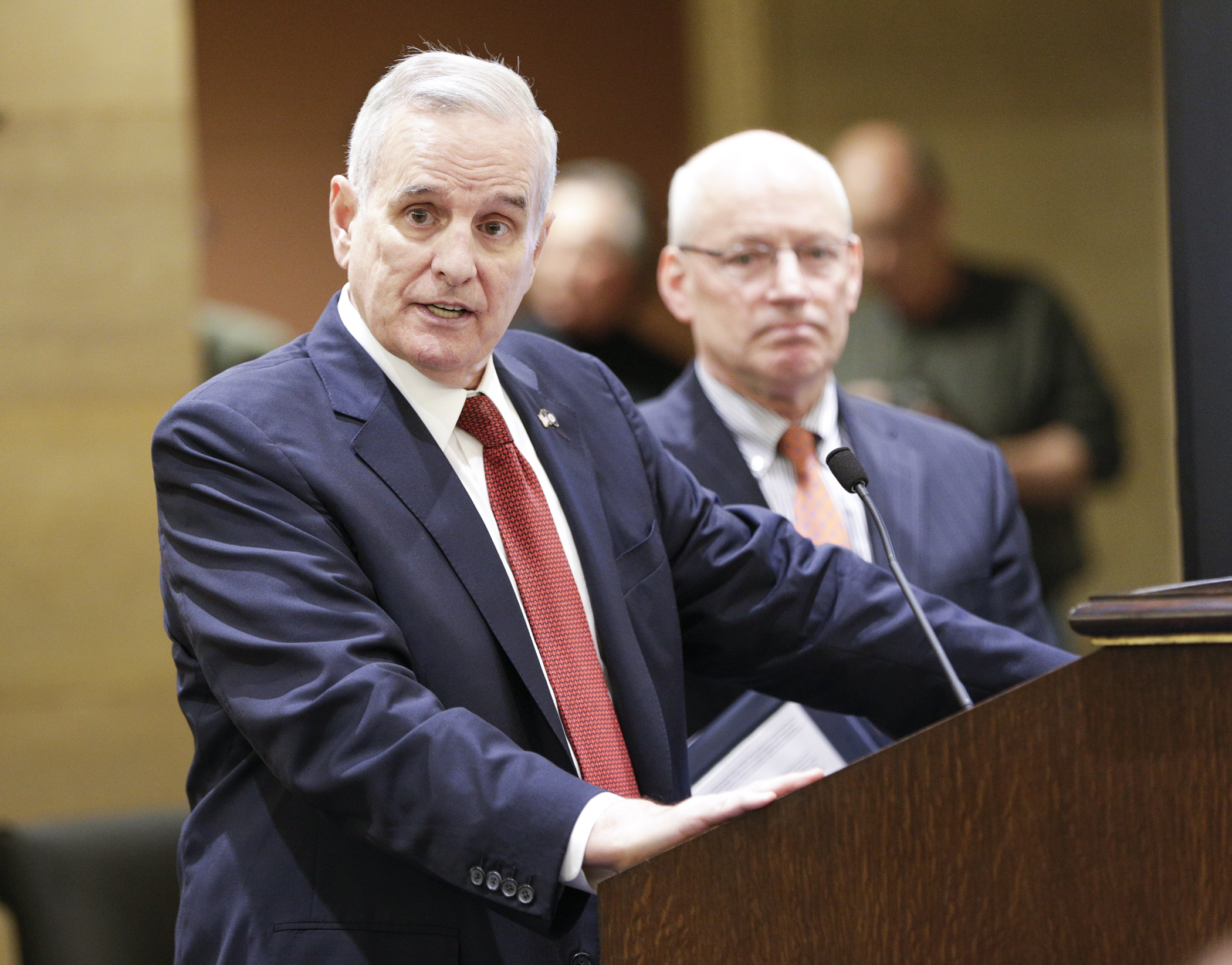 Gov. Mark Dayton answers a reporter’s question during a Jan. 24 presentation of his biennial budget proposal. After the presentation, Dayton revealed he has prostate cancer. Photo by Paul Battaglia
