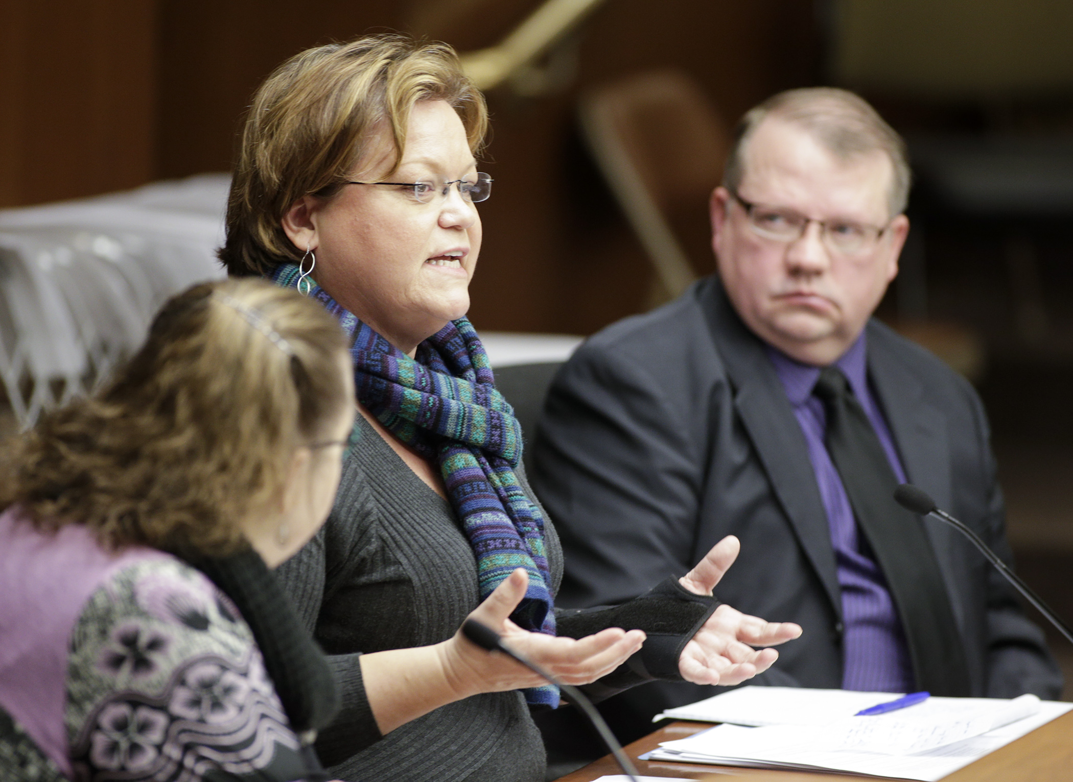 Kristi Weidlein, an English teacher with the Anoka-Hennepin School District, testifies before the House Education Innovation Committee Jan. 24 against HF386, sponsored by Rep. Ron Kresha, right, that would allow a tax credit for donations to fund K-12 scholarships. Photo by Paul Battaglia