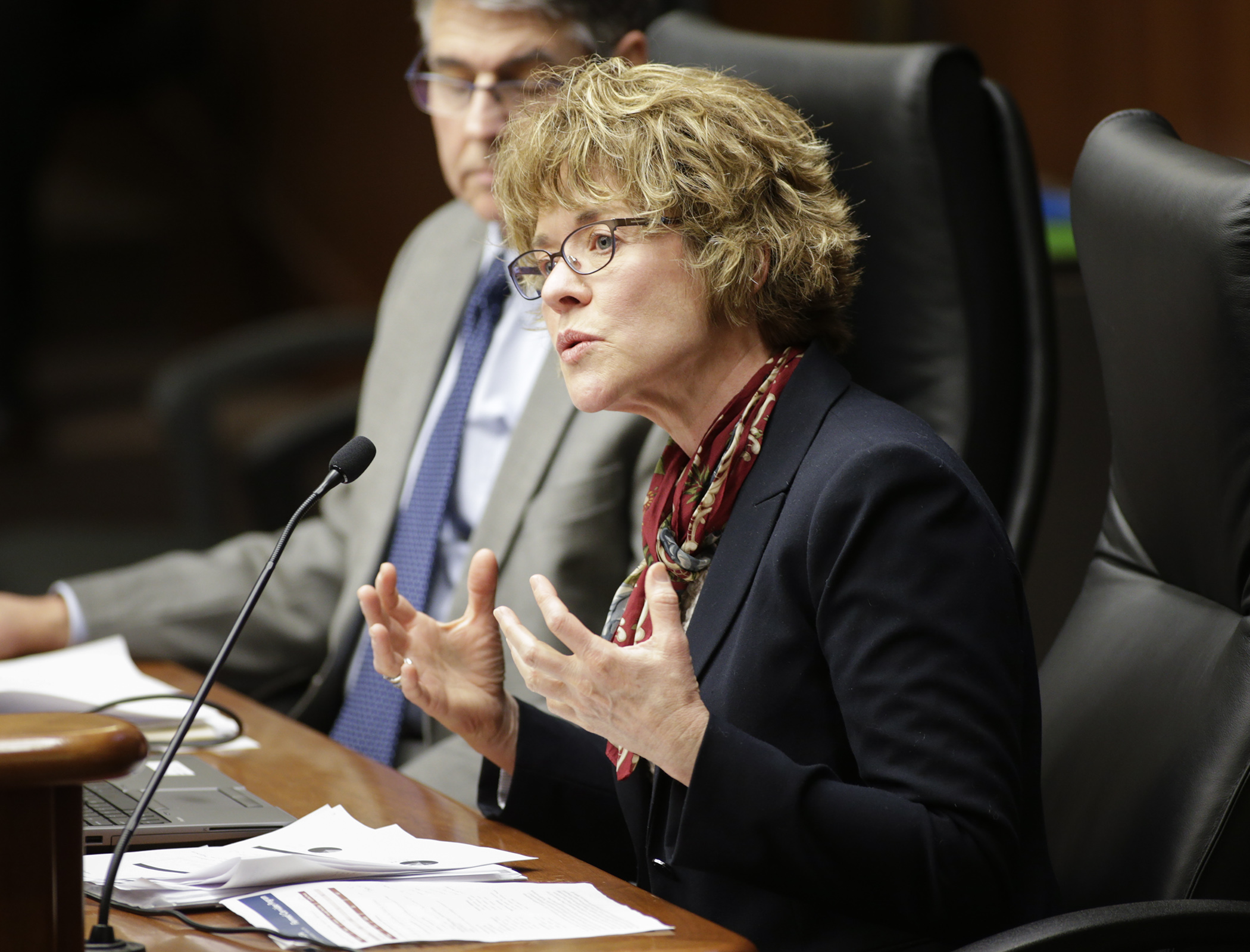 Beth Thompson, executive director of the Board of Animal Health, answers a member’s question while giving a board overview and an update on animal disease issues Jan. 29 to the House Agriculture and Food Finance and Policy Division. Photo by Paul Battaglia