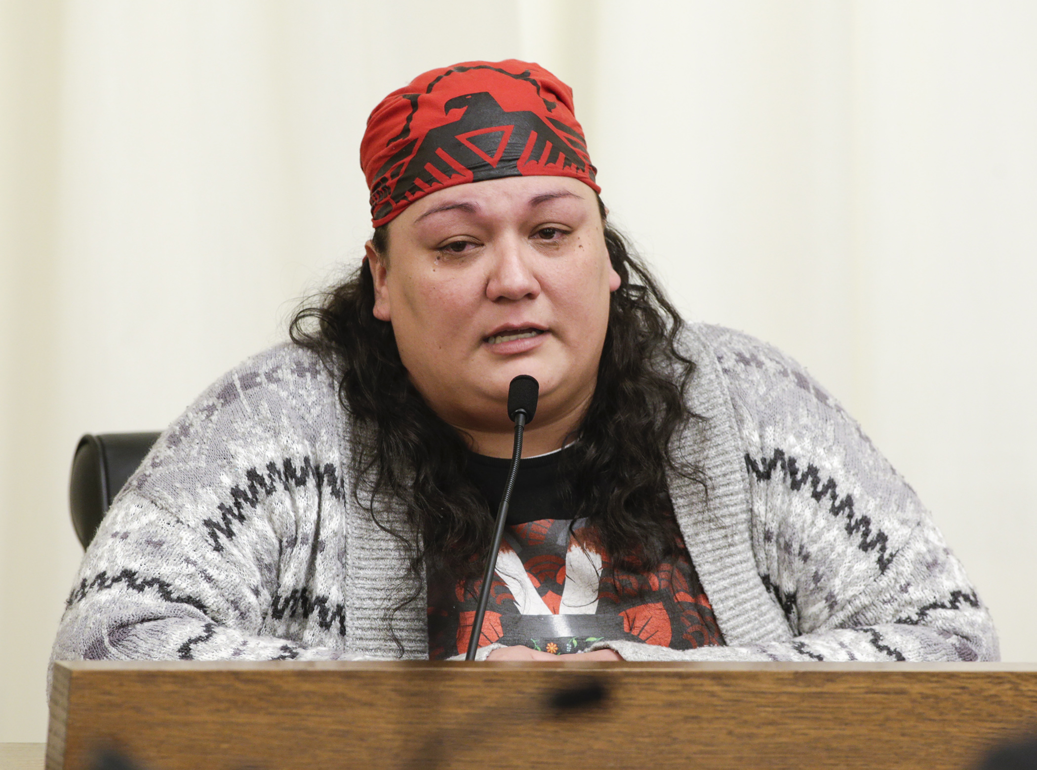 Mysti Babineau testifies Jan. 29 before the House Public Safety and Criminal Justice Reform Finance and Policy Division on HF70, which would create a task force on missing and murdered indigenous women. Photo by Paul Battaglia