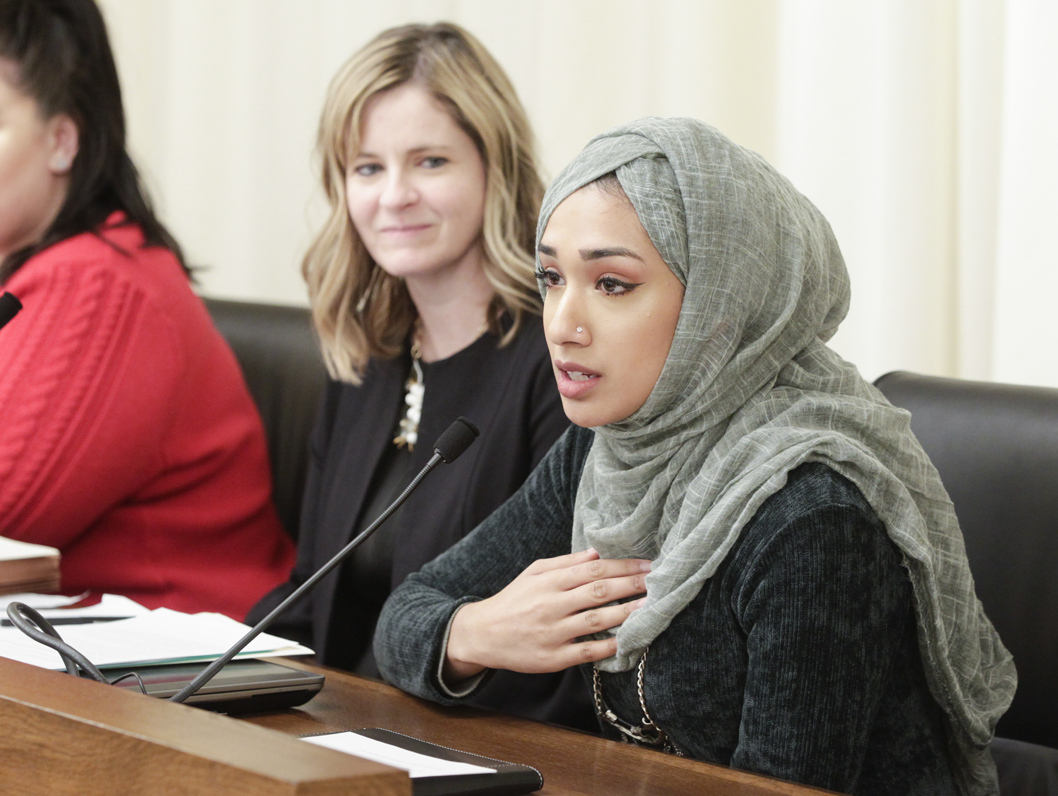 Asma Mohammed of Reviving the Islamic Sisterhood for Empowerment testifies Jan. 31 in the House public safety division on a bill to create a working group to recommend statutory changes to the state’s criminal sexual conduct laws. Photo by Paul Battaglia