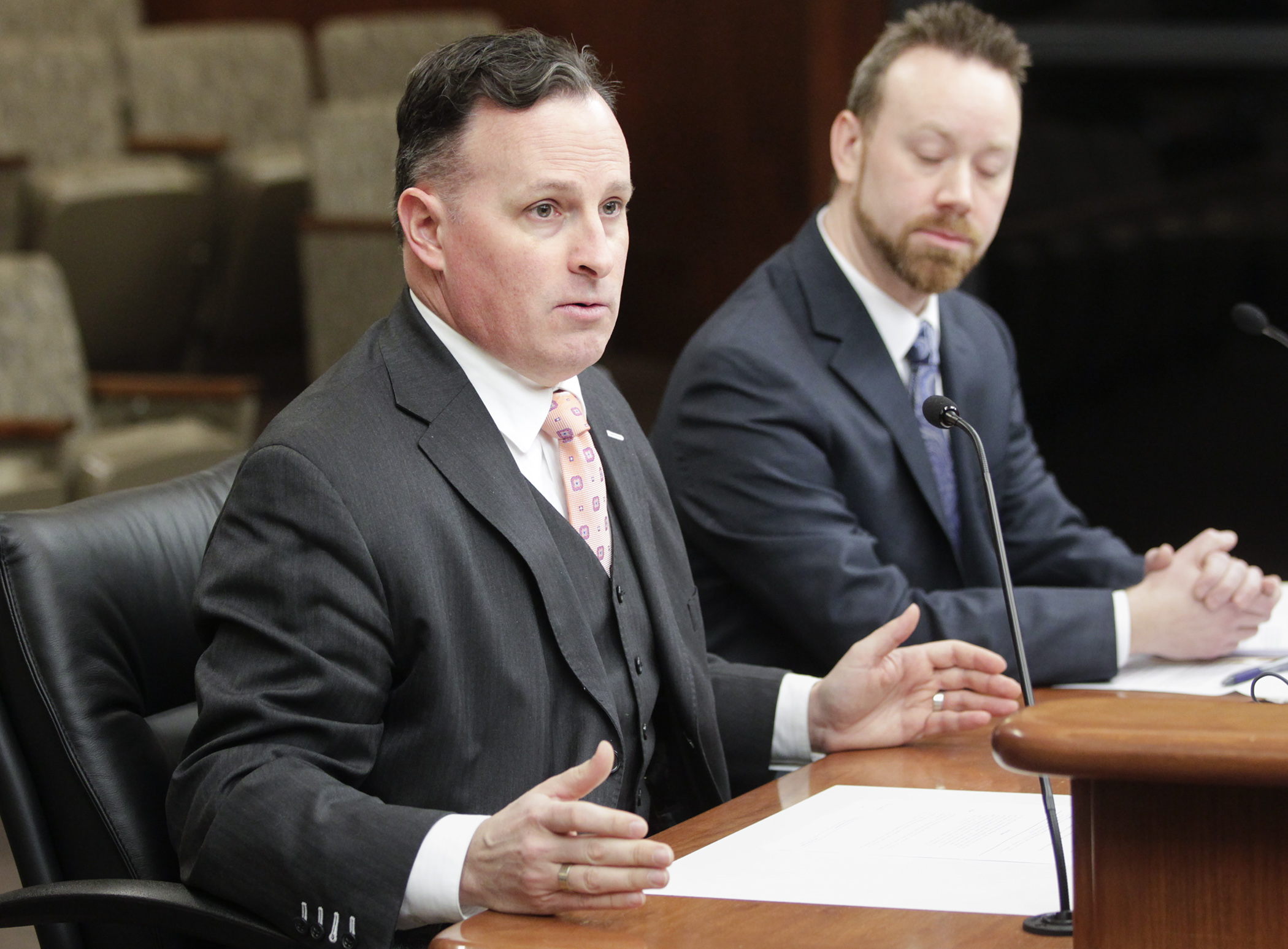Rep. John Lesch describes to the House Judiciary Finance and Civil Law Division provisions of a bill he intends to introduce regarding the use of electronic device tracking warrants. Photo by Paul Battaglia