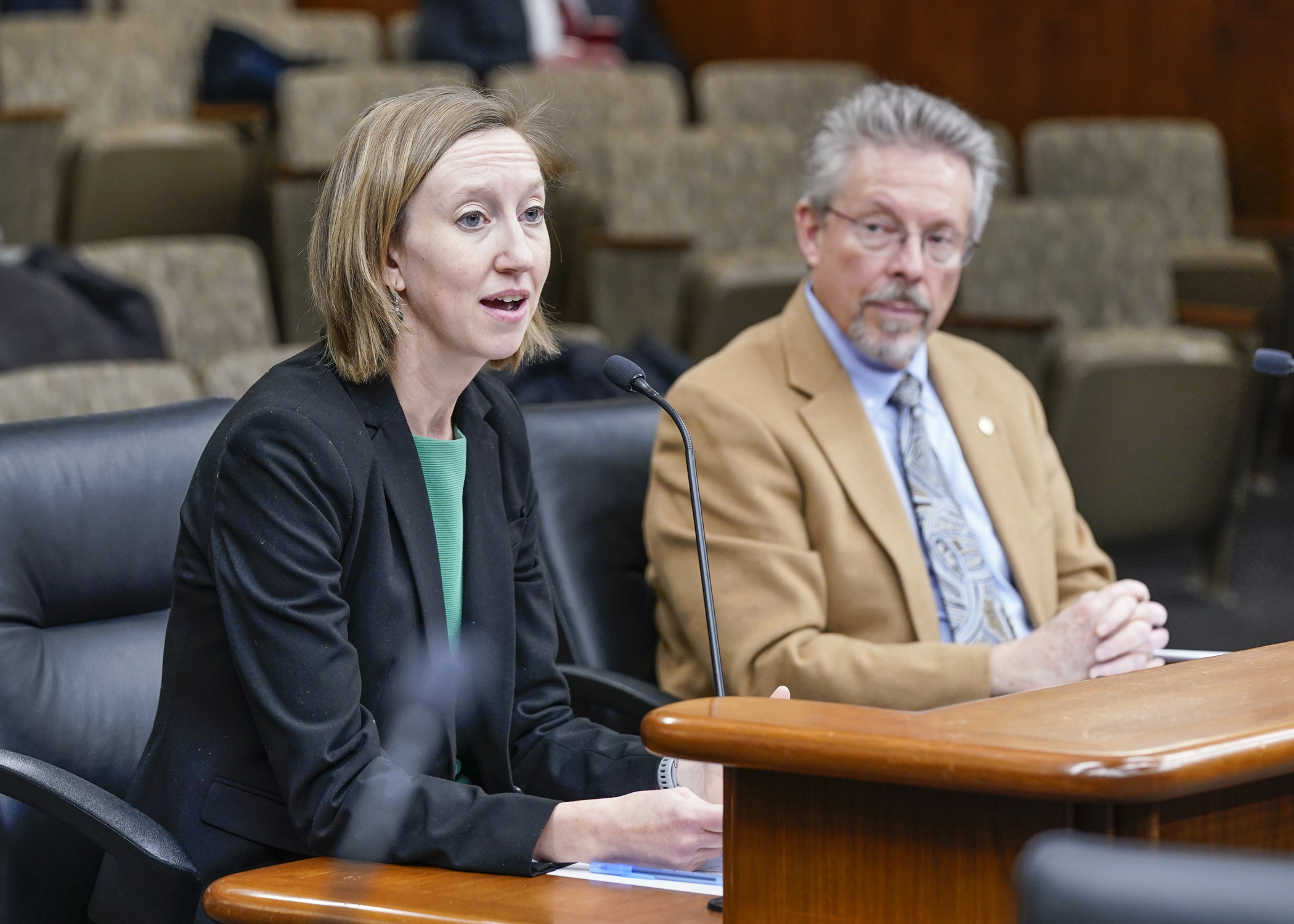 Mary Hogan, senior policy analyst for the Federal Reserve of Minneapolis, shares research on non-compete agreements with the House Labor and Industry Finance and Policy Committee. (Photo by Catherine Davis)