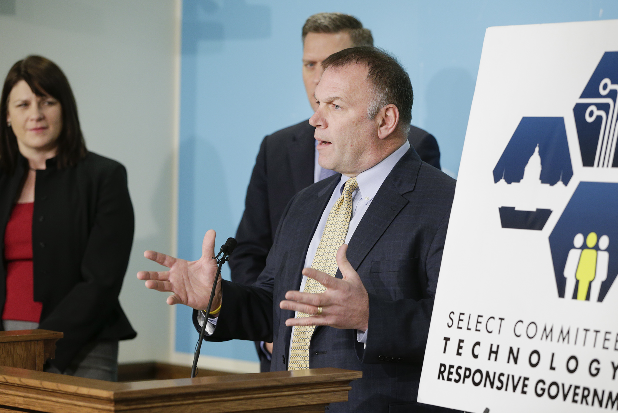 Rep. Dave Baker answers news media questions at a news conference announcing his appointment as Chair of the House Select Committee on Technology and Responsive Government. Photo by Paul Battaglia