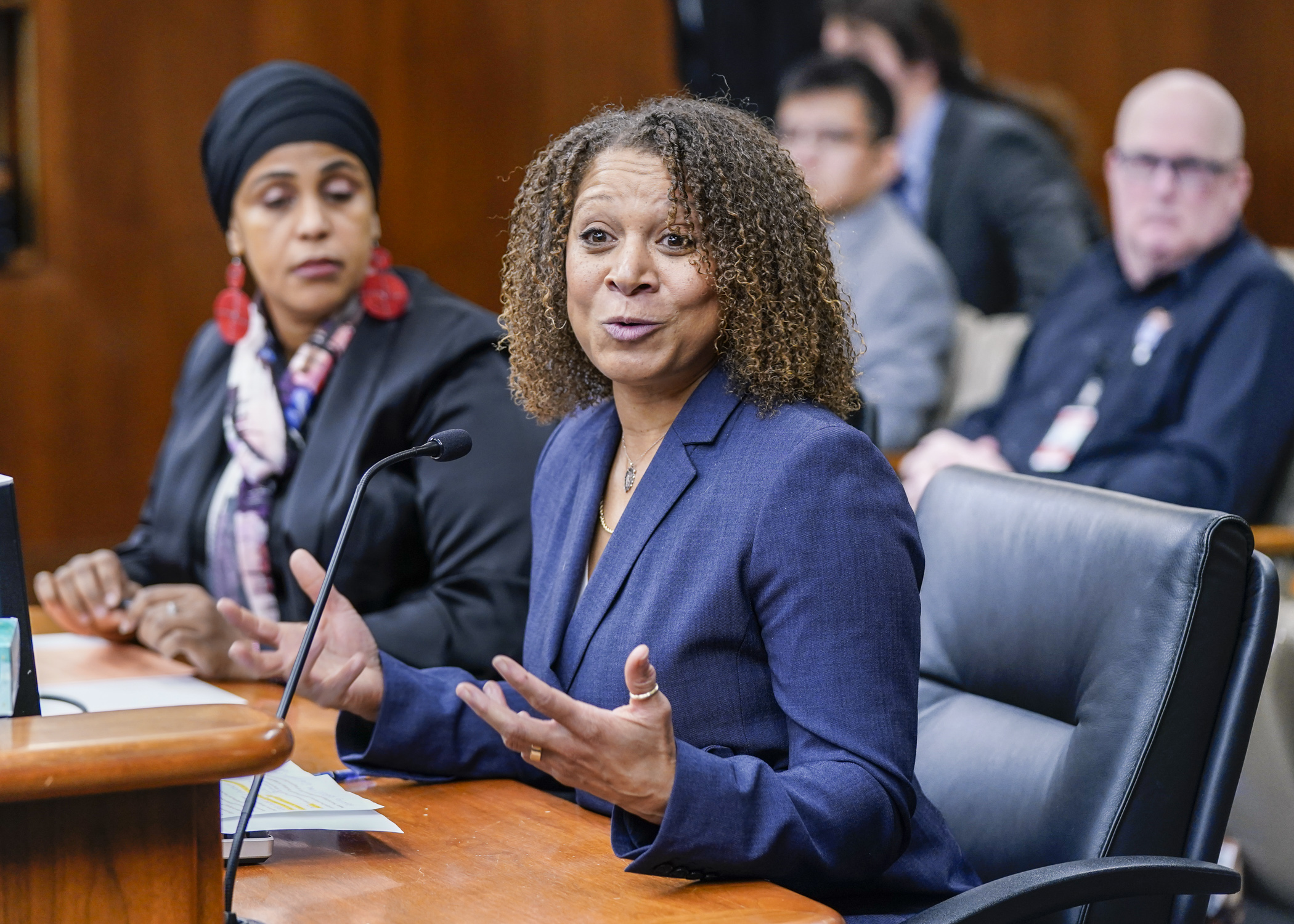 Mikeya Griffin, executive director for the Rondo Community Land Trust, testifies before the House's economic development committee Feb. 1 in support of HF318, which would create a community wealth-building grant program. (Photo by Catherine Davis)