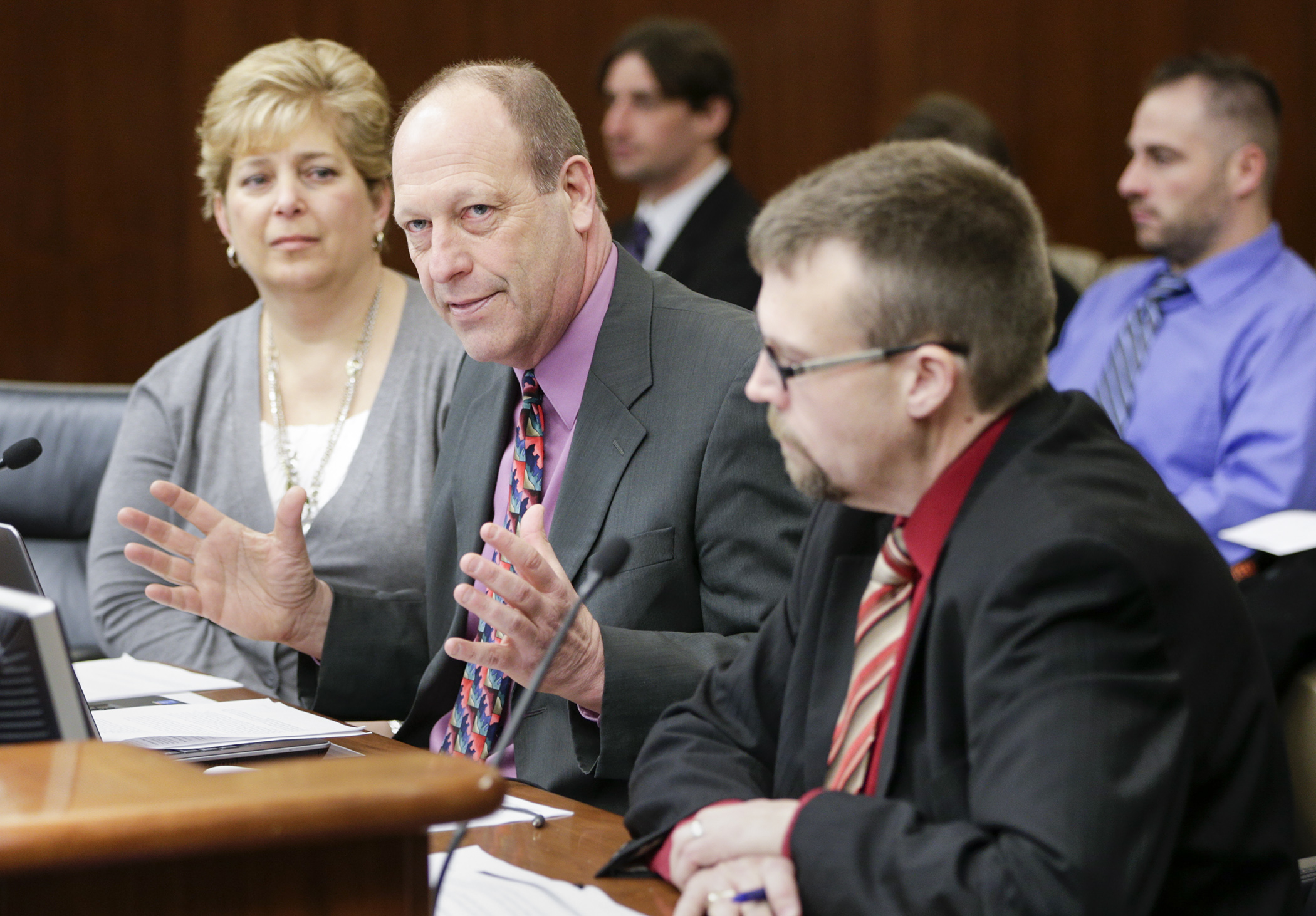 Stephen Jones, superintendent of Little Falls schools and co-chair of the Career and Technical Educator Licensing Advisory Task Force, responds to a question during the Feb. 2 meeting of the House Education Innovation and Policy Committee. With him are Paula Palmer, the Education Department’s director of career and college success, and Troy Haugen, task force co-chair and CTE coordinator for the Lakes County Service Cooperative. Photo by Paul Battaglia