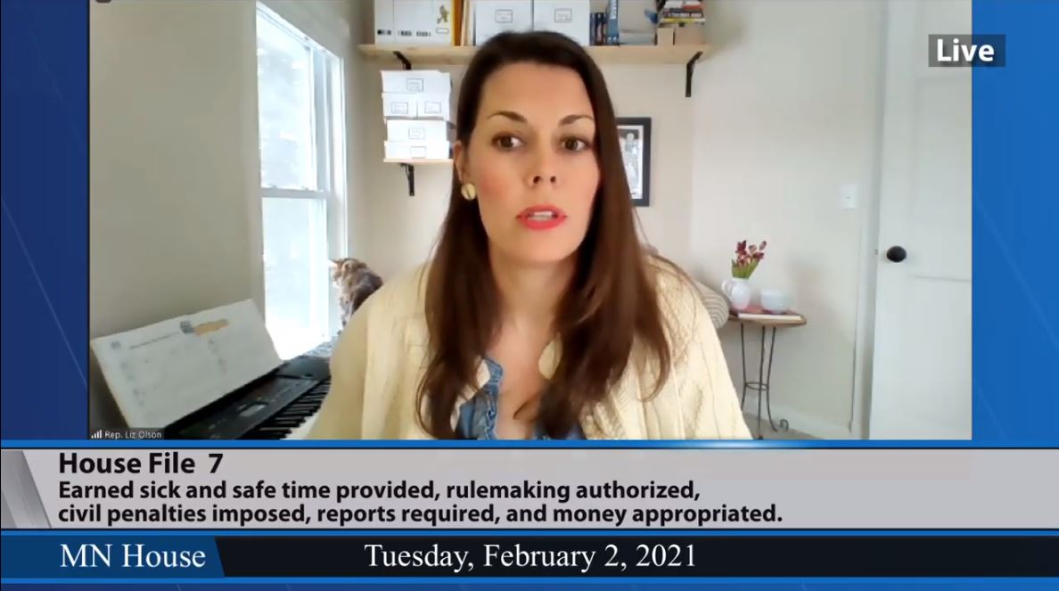 HF7, sponsored by Rep. Liz Olson (DFL-Duluth), pictured above, and co-sponsored by 15 other DFLers, would require employers to provide workers at least one hour of health-related paid time off for every 30 hours worked. Screenshot