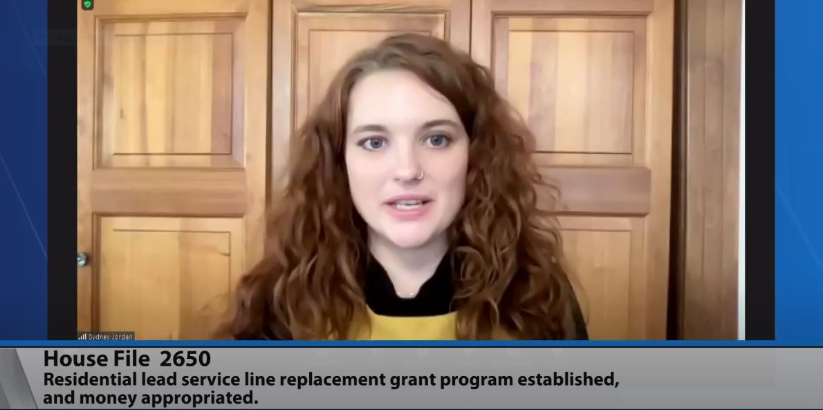 Rep. Sydney Jordan presents her bill, HF2650, to establish a grant program aimed at replacing the privately owned portion of all residential lead drinking water service lines in Minnesota. (Screenshot)