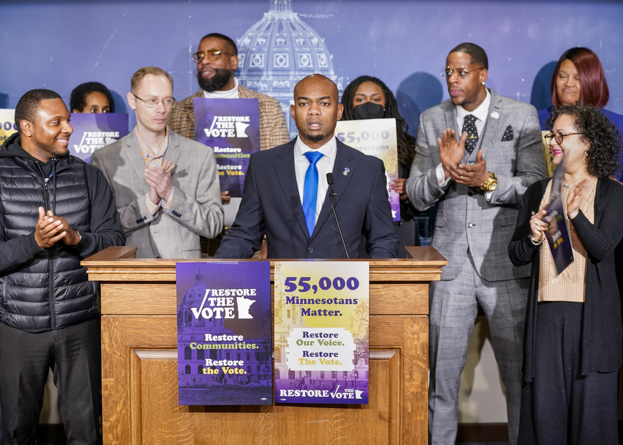 Rep. Cedrick Frazier addresses the media Feb. 2 ahead of House Floor debate on HF28. The bill he sponsors would restore voting rights to individuals convicted of a felony upon their release from incarceration. (Photo by Catherine Davis)
