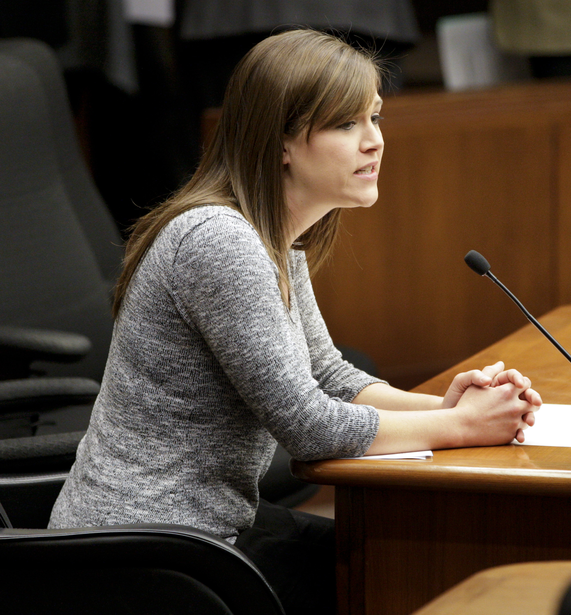 Debra Sandvig, Blackduck High School teacher, talks about how a four-day school week has affected her students, in testimony before the House Education Innovation Policy Committee Feb. 3. Photo by Paul Battaglia