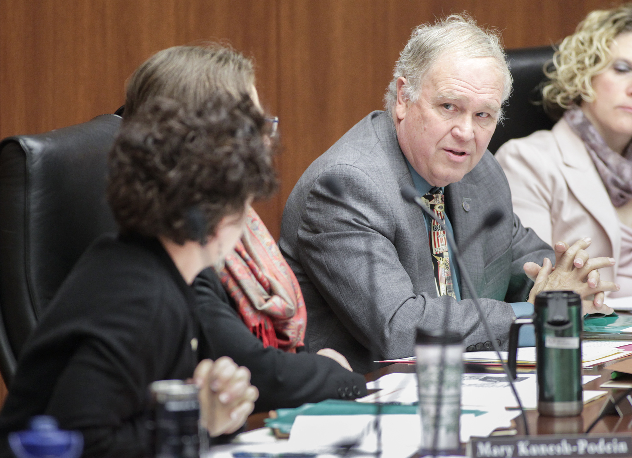 Rep. Dean Urdahl responds to a question from Rep. Mary Kunesh-Podein, left, during the Feb. 7 House Education Innovation Policy Committee discussion of HF731, which would add instruction in citizenship, including civics, to list of subject areas for compulsory instruction. Photo by Paul Battaglia