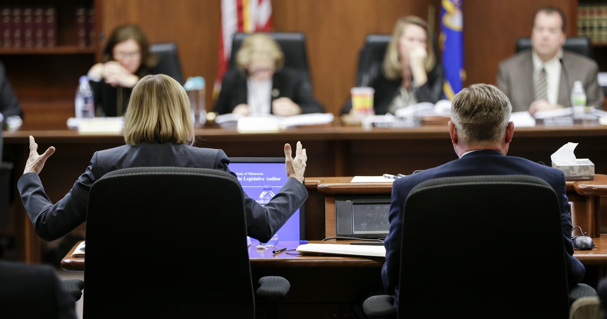 Michele Kelm-Helgen, chair of the Minnesota Sports Facilities Authority, responds a legislative auditor’s report that criticized the authority’s use of two U.S. Bank Stadium suites. She appeared at a joint meeting of the House State Government Finance and the Senate State Government Finance and Policy and Elections Committee Feb. 7. Photo by Paul Battaglia