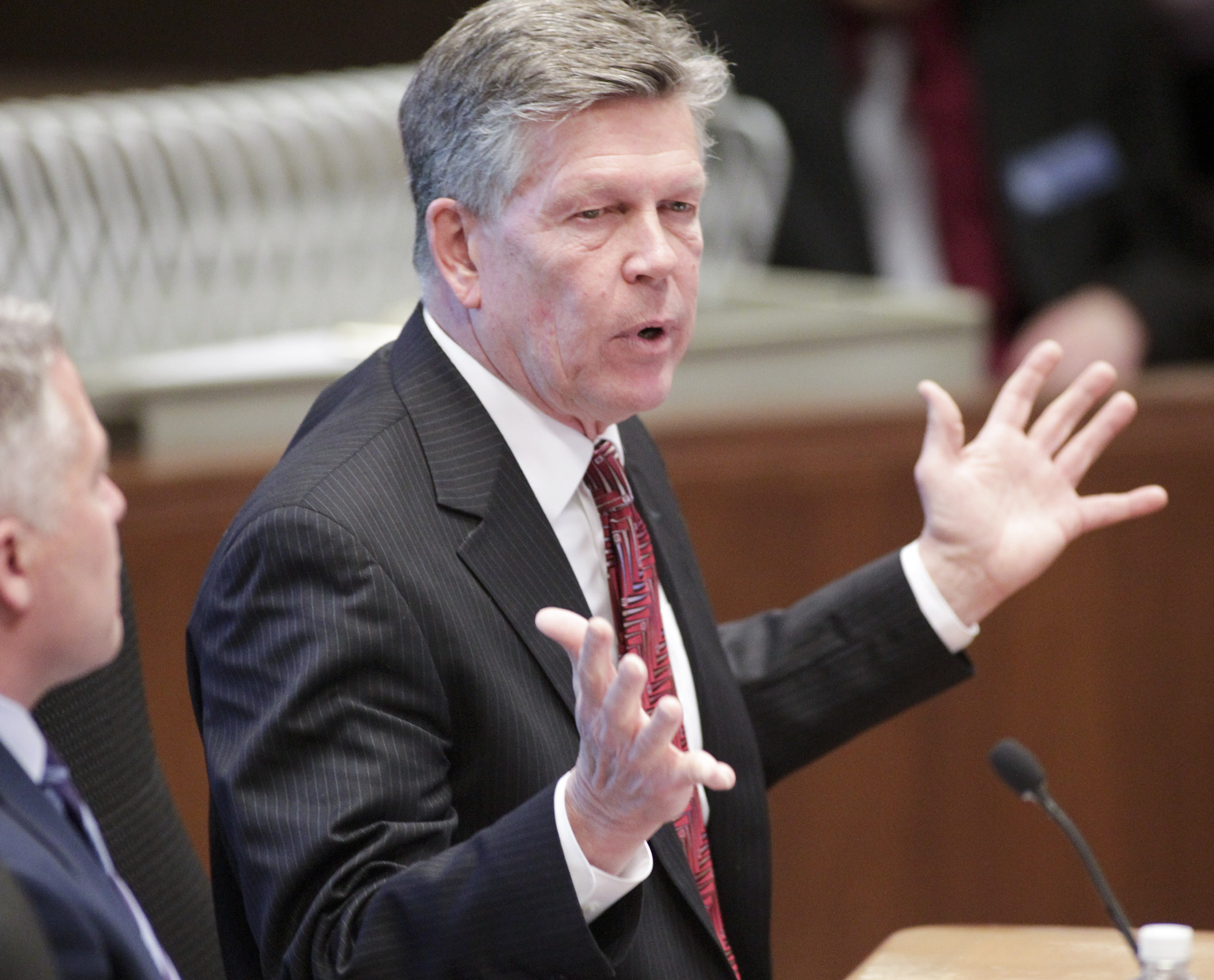 Judge Kevin Mark, president of the Minnesota District Judges Association, comments Feb. 8 during a presentation of the judicial branch budget request to the House Public Safety and Security Policy and Finance Committee. Photo by Paul Battaglia