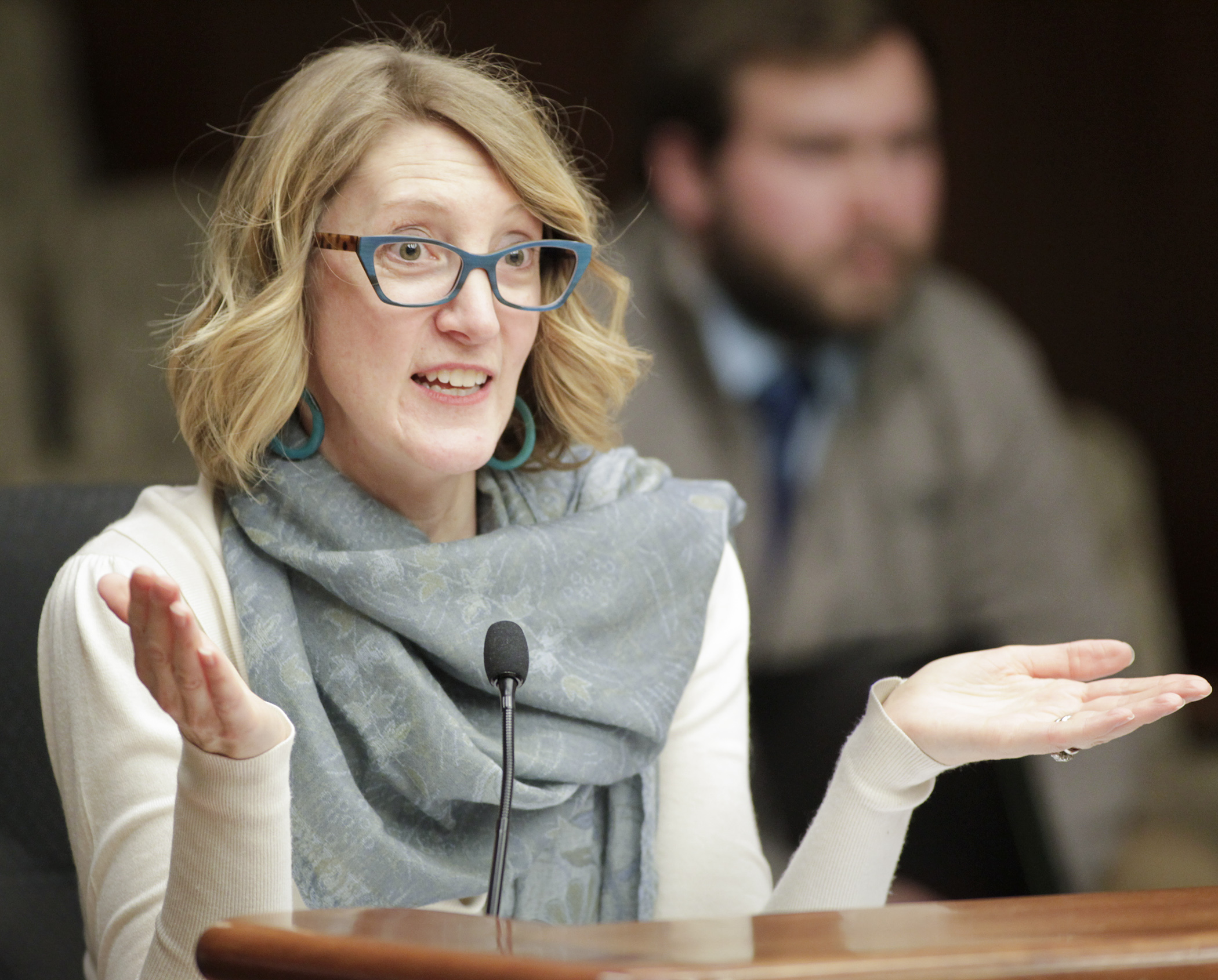 Rep. Jennifer Schultz explains HF607 during the Feb. 8 meeting of the House Higher Education and Career Readiness Policy and Finance Committee. The bill would create a resident tuition grant program. Photo by Paul Battaglia