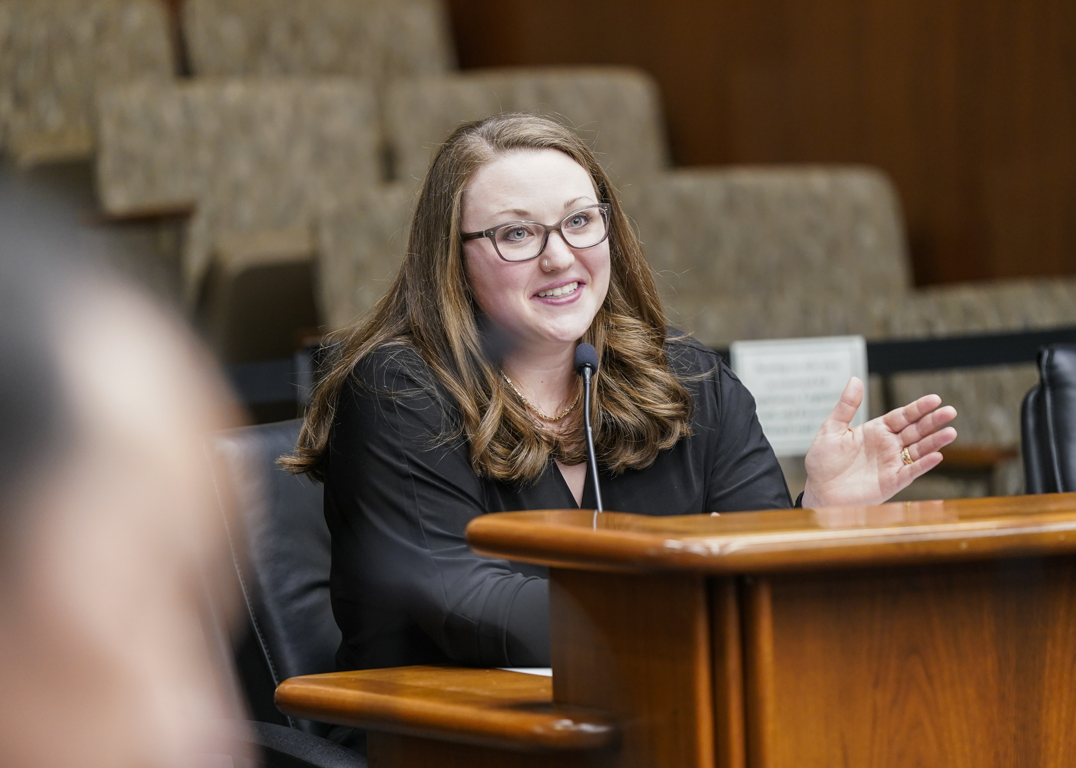 Victoria Clark, executive director of Northcountry Cooperative Foundation, testifies before the House Housing Finance and Policy Committee Feb. 8 in support of HF814. (Photo by Catherine Davis)