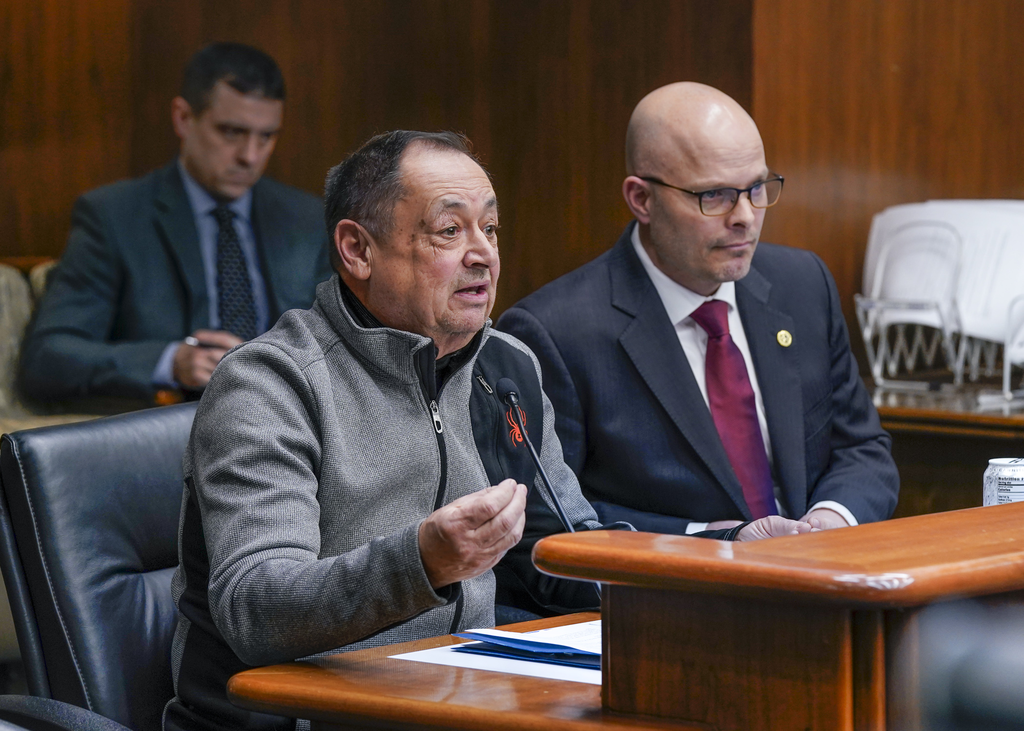 Virginia Mayor Larry Cuffe Jr. testifies before the House Property Tax Division Feb. 8 in support of HF1377, a bill that would increase Local Government and County Program Aid. Rep. Dave Lislegard, right, is the bill sponsor. (Photo by Catherine Davis)