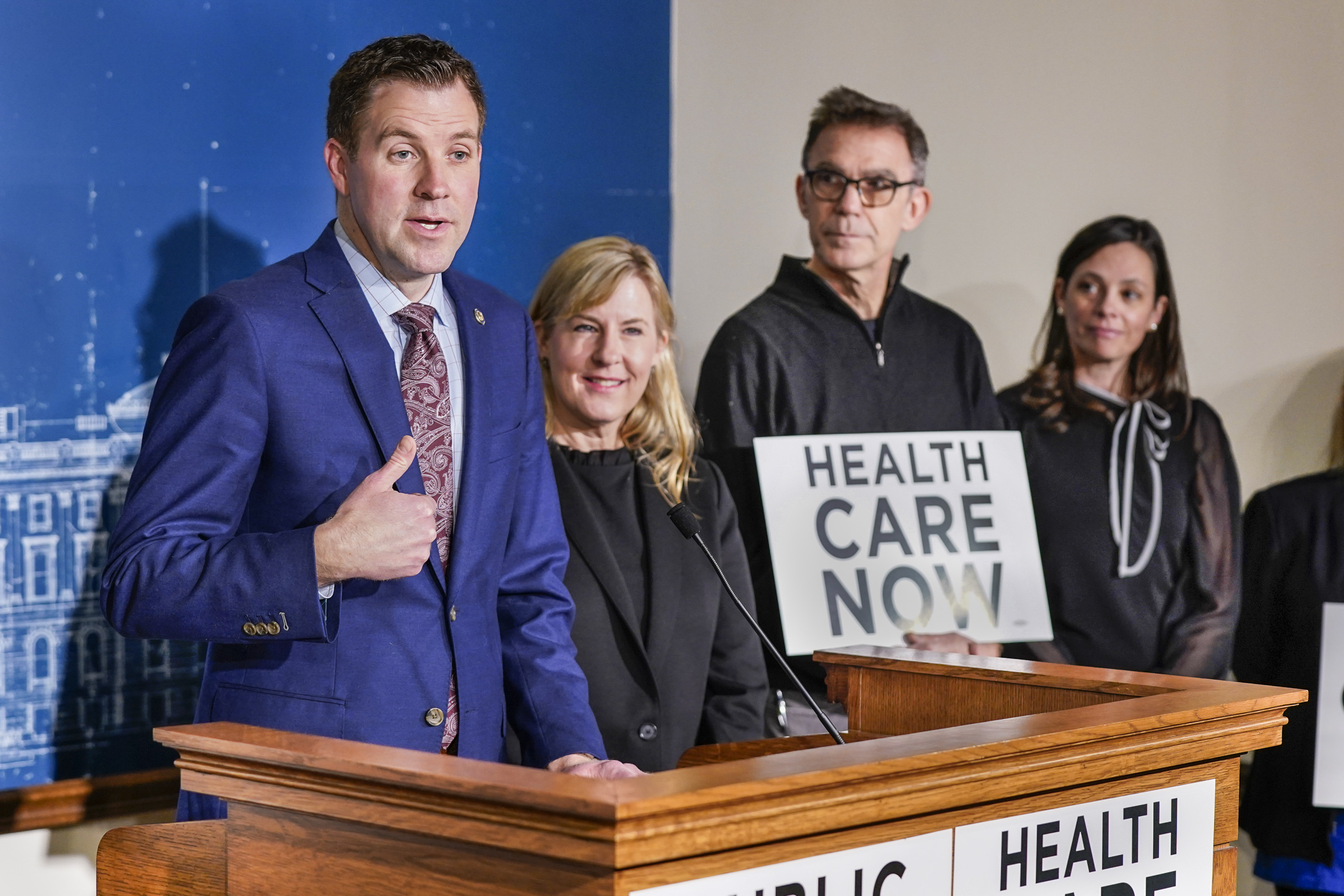 House Majority Leader Jamie Long addresses the media Feb. 8 regarding HF96, a bill to create a public option for health insurance in Minnesota. (Photo by Catherine Davis)