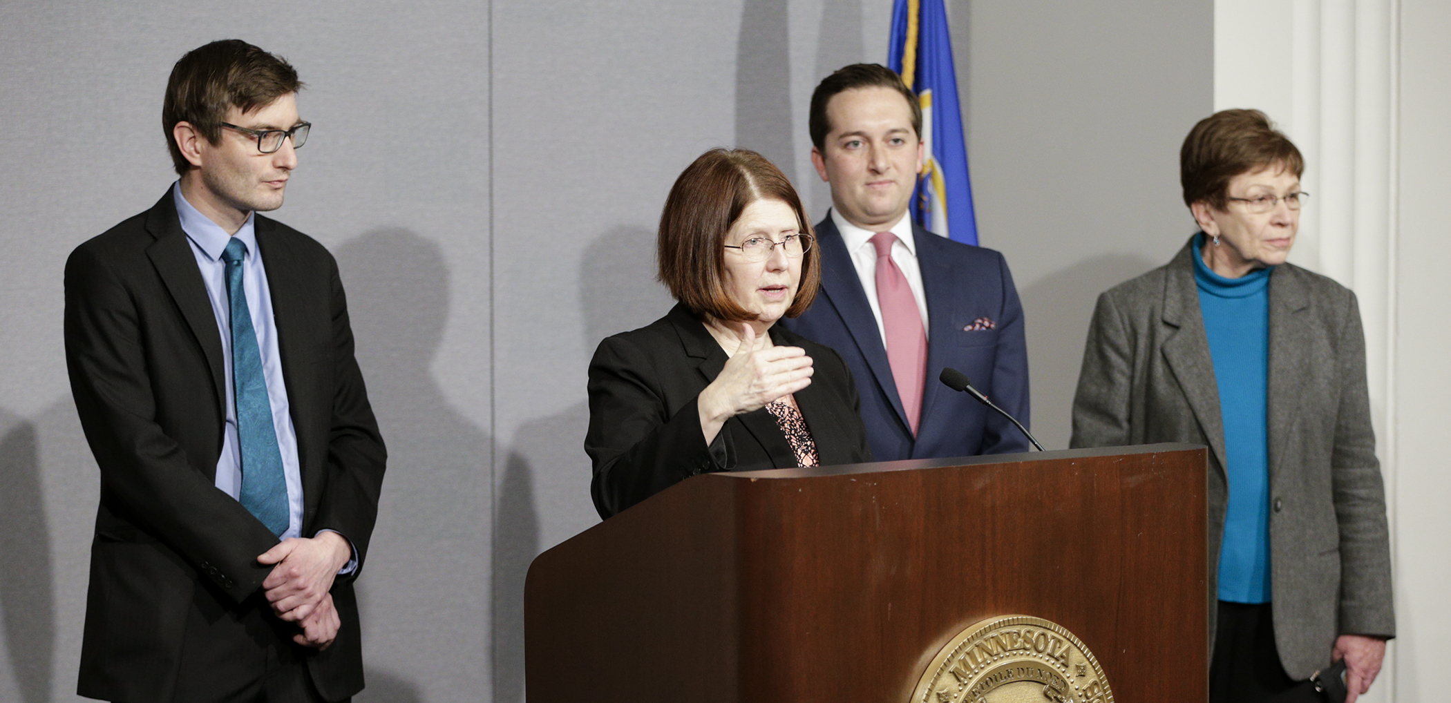 Rep. Tina Liebling answers a reporter’s question during a news conference regarding her proposal and those of her colleagues, Reps. Jason Metsa, Jon Applebaum, and Alice Hausman, to introduce legislation for a constitutional amendment authorizing personal marijuana use. Photo by Paul Battaglia