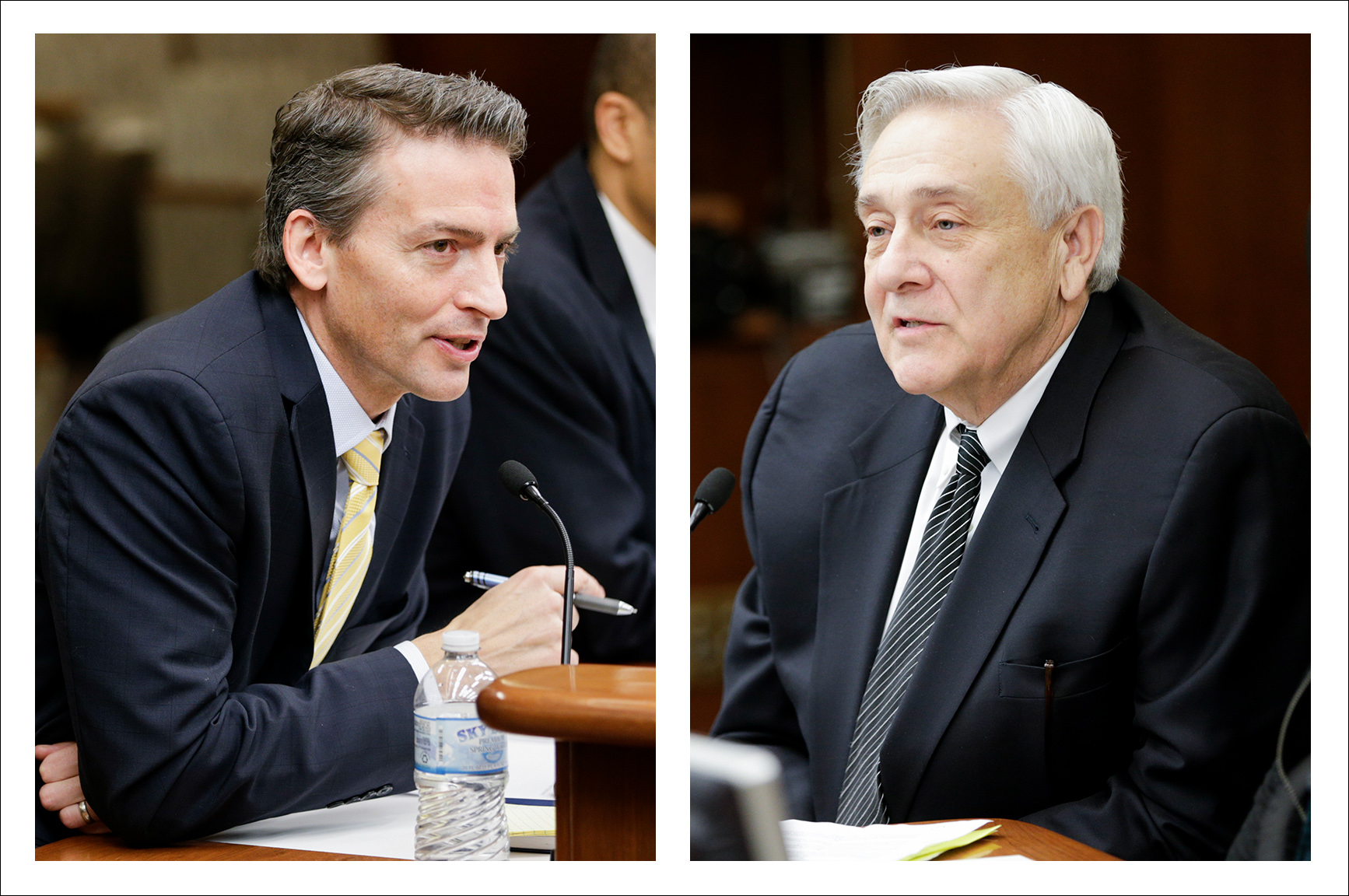 Ed Graff, left, superintendent of Minneapolis Schools, and John Thein, superintendent of St. Paul Schools, comment about student misconduct and disciplinary issues before the House Education Innovation and Policy Committee Feb. 9. Phot by Paul Battaglia