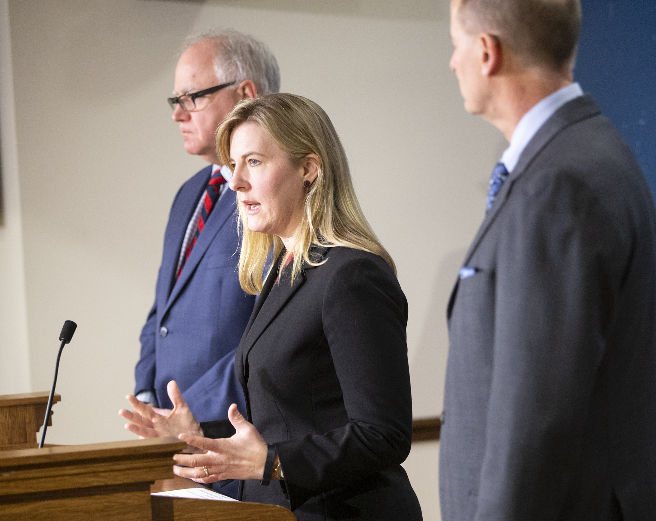 House Speaker Melissa Hortman answers a question during a news conference with Gov. Tim Walz, left, and Senate Majority Leader Paul Gazelka regarding new deadlines meant to bring the 2019 legislative session to an orderly conclusion. Photo by Paul Battaglia