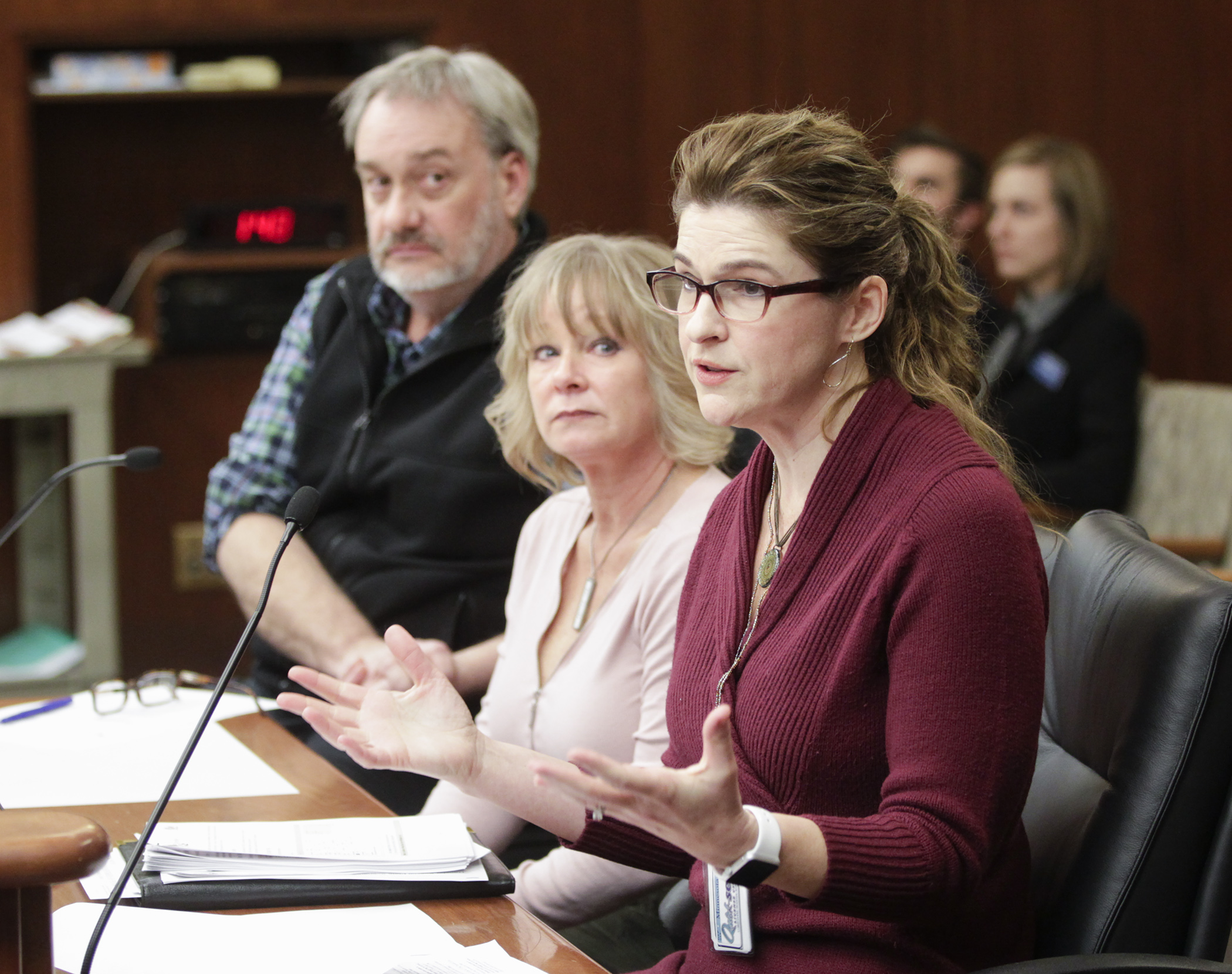 Kristy Beaucage, general manager of the Quik-Serv Licensing Center in South St. Paul, testifies in the House transportation division in favor of HF635, which would reimburse deputy registrars for their problems with MNLARS. Photo by Paul Battaglia