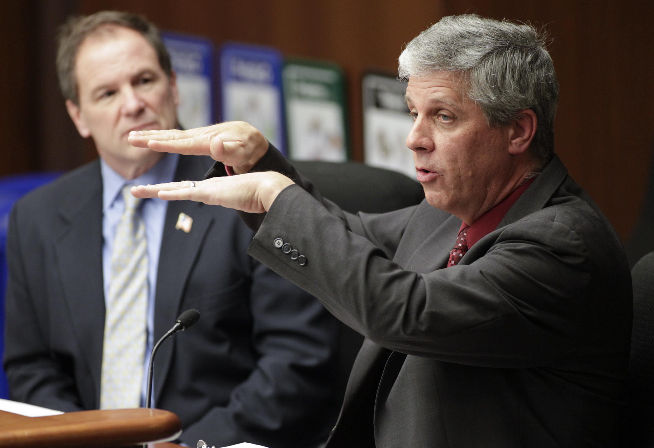 Rep. Steve Drazkowski discusses provisions of HF2495 as Rep. Paul Marquart looks on during a Feb. 13 joint informational hearing of the House Education Finance Committee and House Property Tax and Local Government Finance Division. Photo by Paul Battaglia