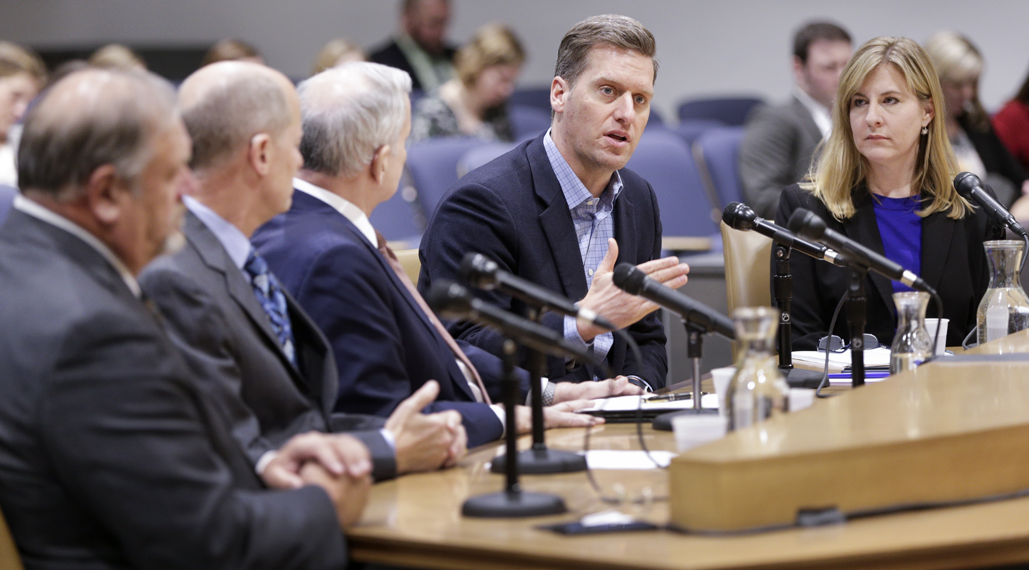 House Speaker Kurt Daudt answers a question for the media during the annual pre-session press briefing, as the other legislative leaders and Gov. Mark Dayton look on Feb. 13. Photo by Paul Battaglia