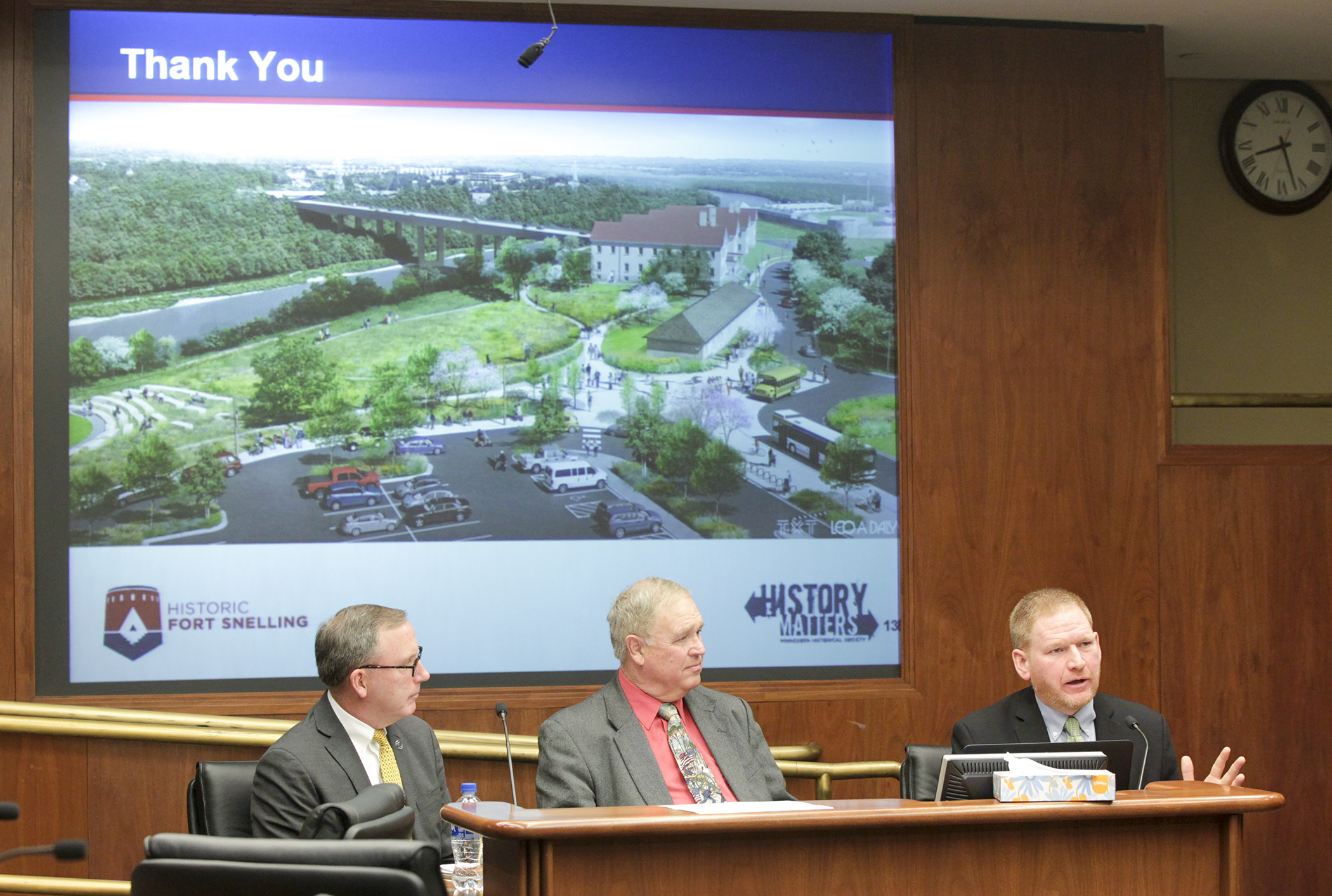 David Kelliher, right, public policy director for the Minnesota Historical Society, testifies in support of HF228, sponsored by Rep. Dean Urdahl, center, to provide funding for restoring Historic Fort Snelling. Photo by Paul Battaglia