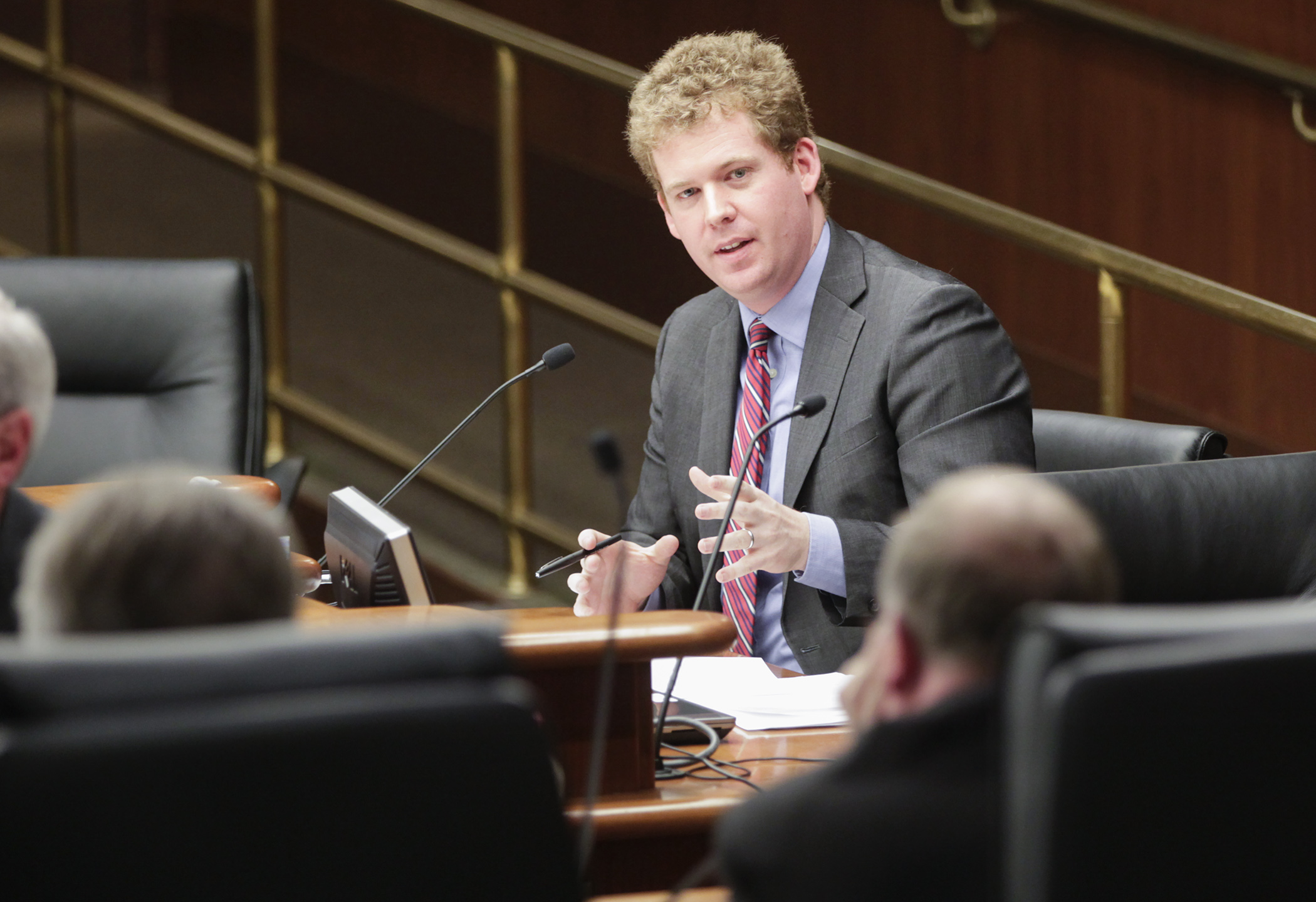 Rep. Zack Stephenson answers a question in the House Commerce Committee during a hearing on HF136, which would require Internet service providers to adhere to net neutrality rules. Photo by Paul Battaglia