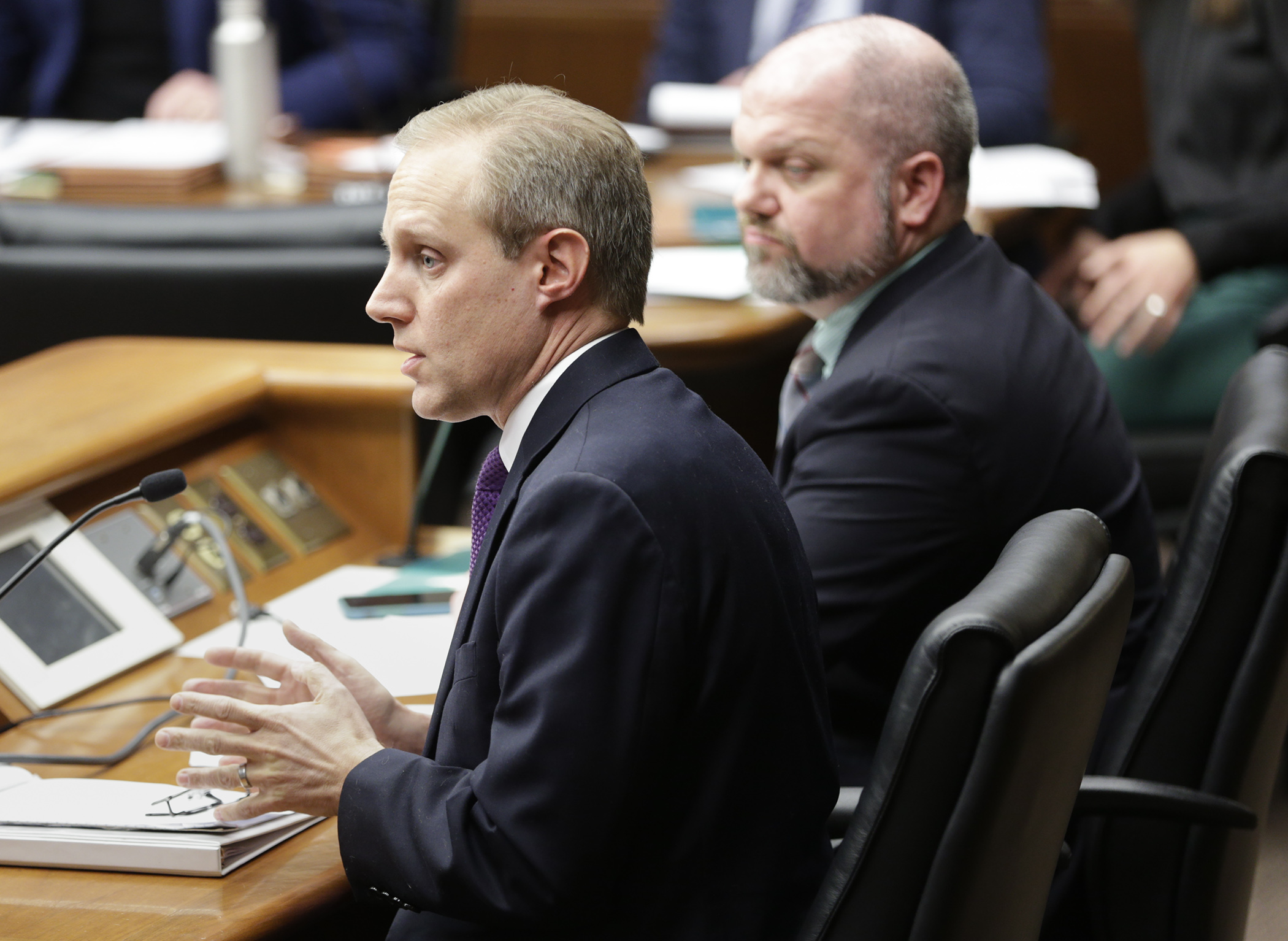 Secretary of State Steve Simon answers a question during the Feb. 13 House State Government Finance Division hearing on HF3006. Sponsored by Rep. Mike Freiberg, right, the bill would help ensure the state receives funding from the Help America Vote Act. Photo by Paul Battaglia