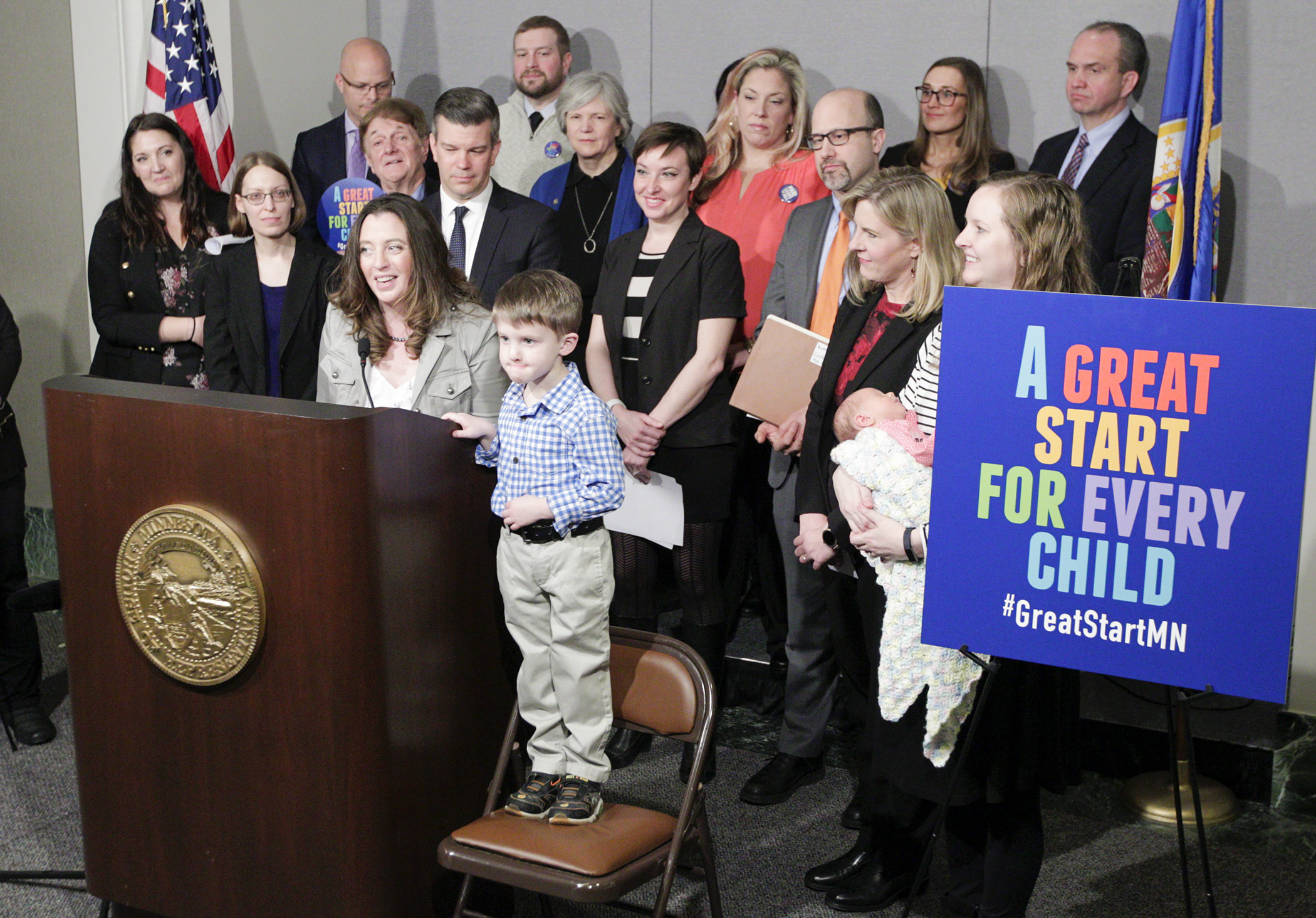 Advocates address the media at a Feb. 13 news conference unveiling the House DFL's “Great Start for All Minnesota Children Act.” Photo by Paul Battaglia