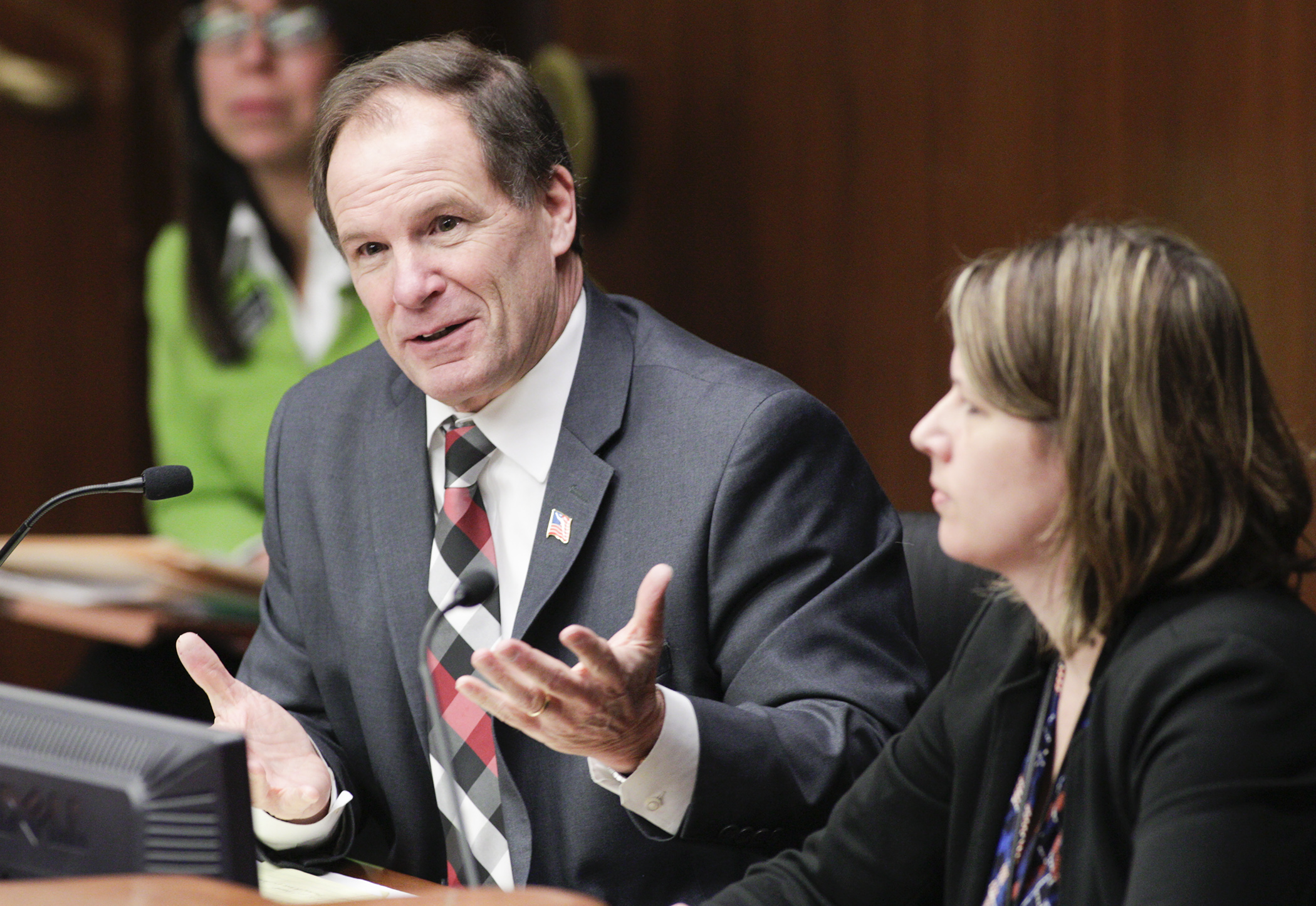 Rep. Paul Marquart answers a question during discussion on HF3023, which would provide tax relief to farmers and small businesses trading in older equipment for new. Photo by Paul Battaglia