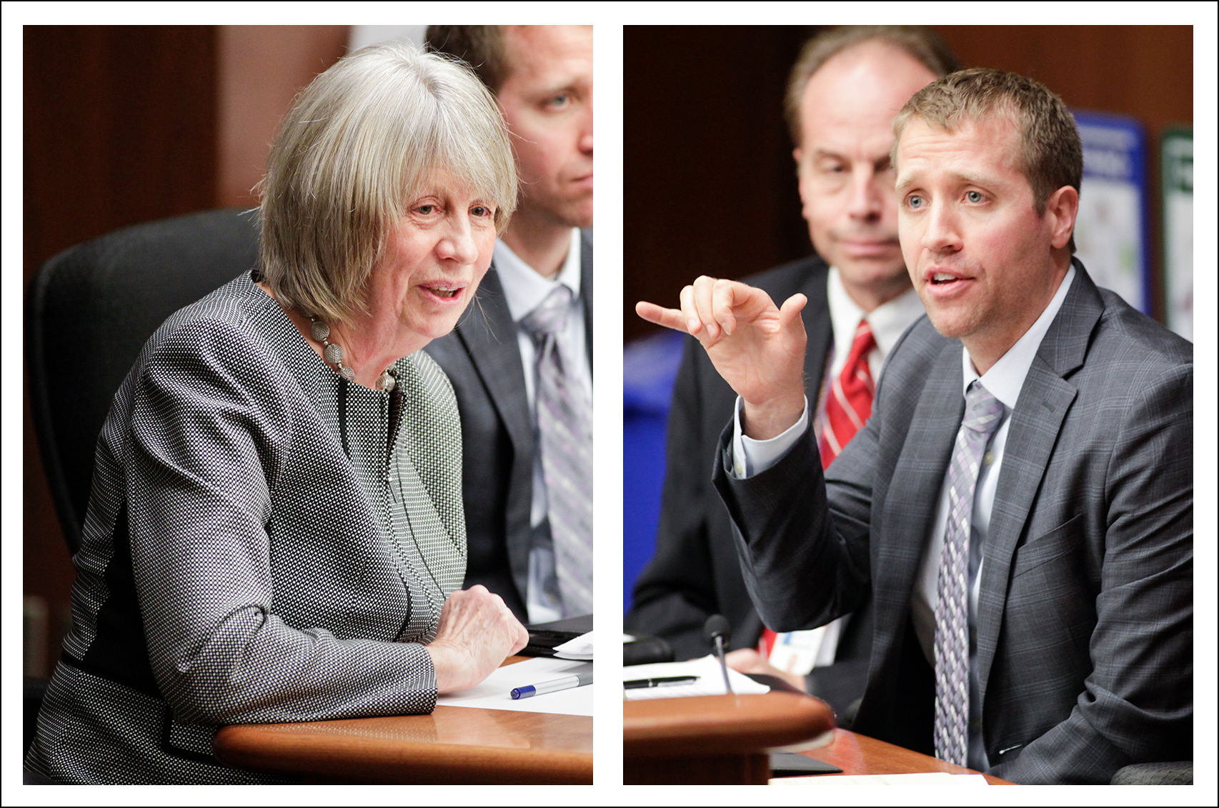 Audrey Suker, CEO of ServeMinnesota, left, and Dr. David Parker, research director of ServeMinnesota, testified on both HF 719 sponsored by Rep. Roz Peterson and HF646 sponsored by Rep. Peggy Bennett during the House Education Finance Committee Feb. 14. Photos by Paul Battaglia