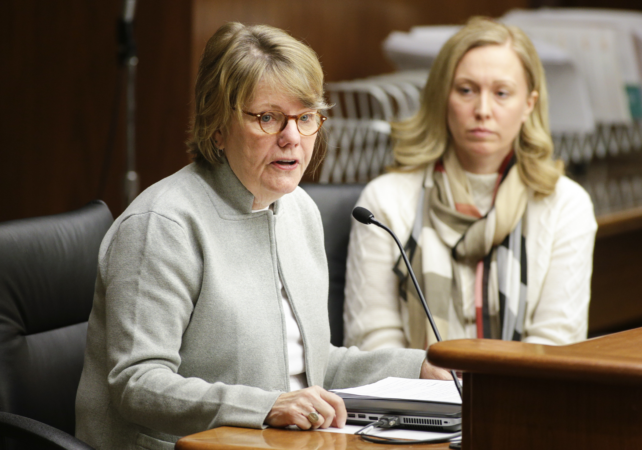Colleen Moriarty, executive director of Hunger Solutions, testifies before the House Education Finance Division for HF1037, sponsored by Rep. Heather Edelson, right, to, in part, modify the calculation for school breakfast aid. Photo by Paul Battaglia