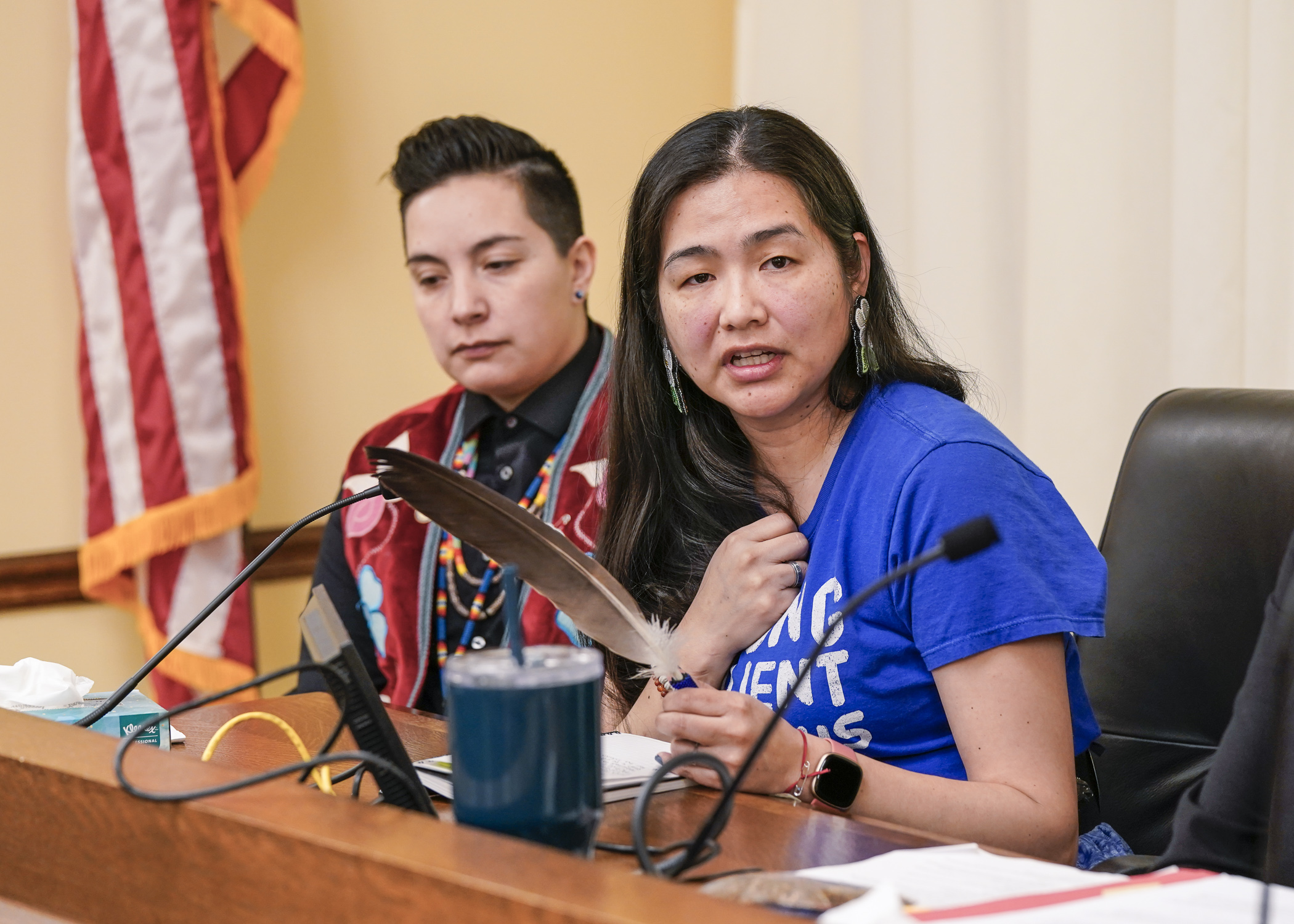 An advocate, Patricia Staine, testifies Feb. 14 before a House hearing in support of HF1071, which would codify the Minnesota Indian Family Preservation Act. (Photo by Catherine Davis)