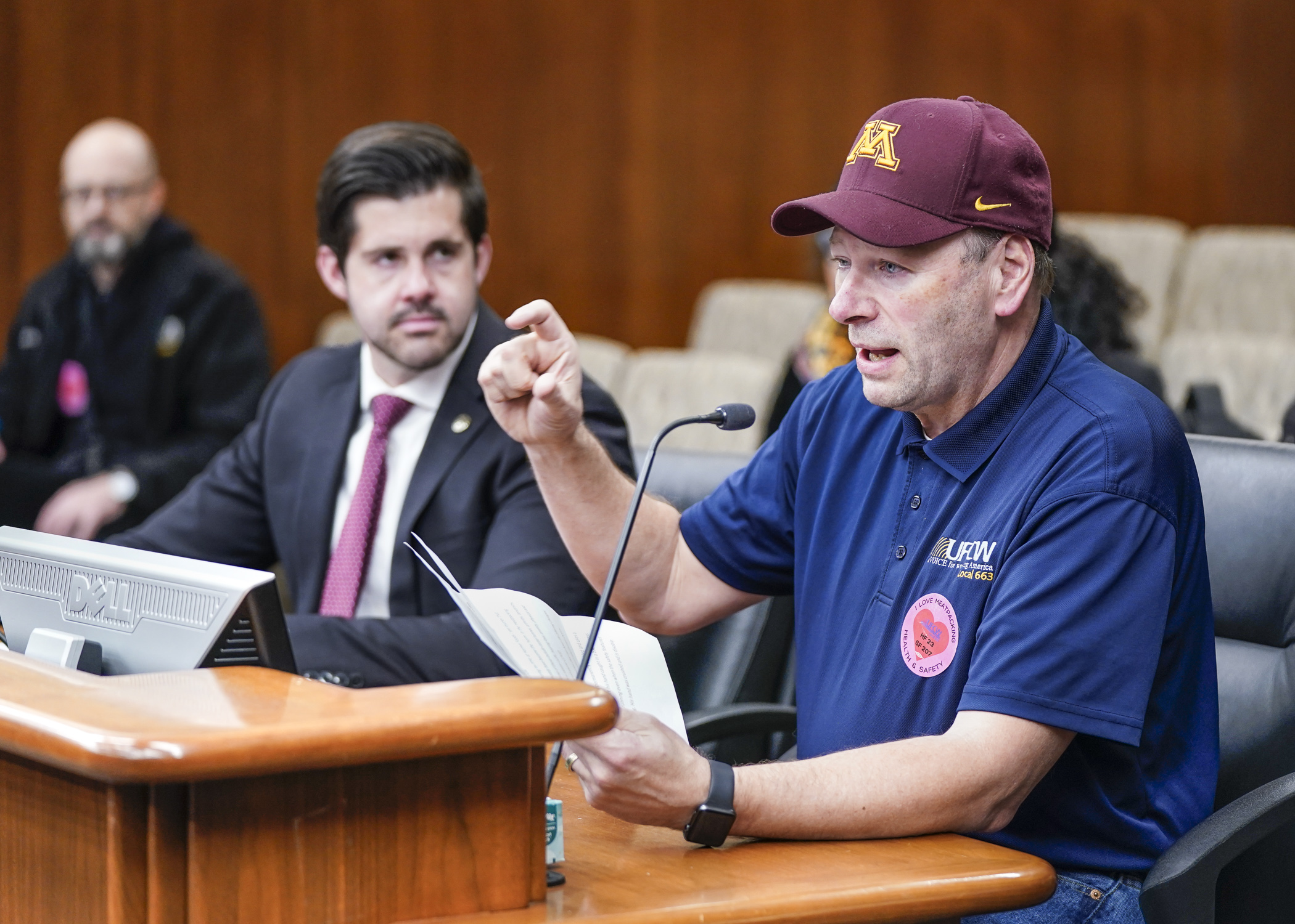 Dan Lenway, an employee at Hormel Foods, testifies Feb. 14 in favor of the proposed Safe Workplaces for Meat and Poultry Processing Workers Act. The House Labor and Industry Finance and Policy Committee approved the bill. (Photo by Catherine Davis)