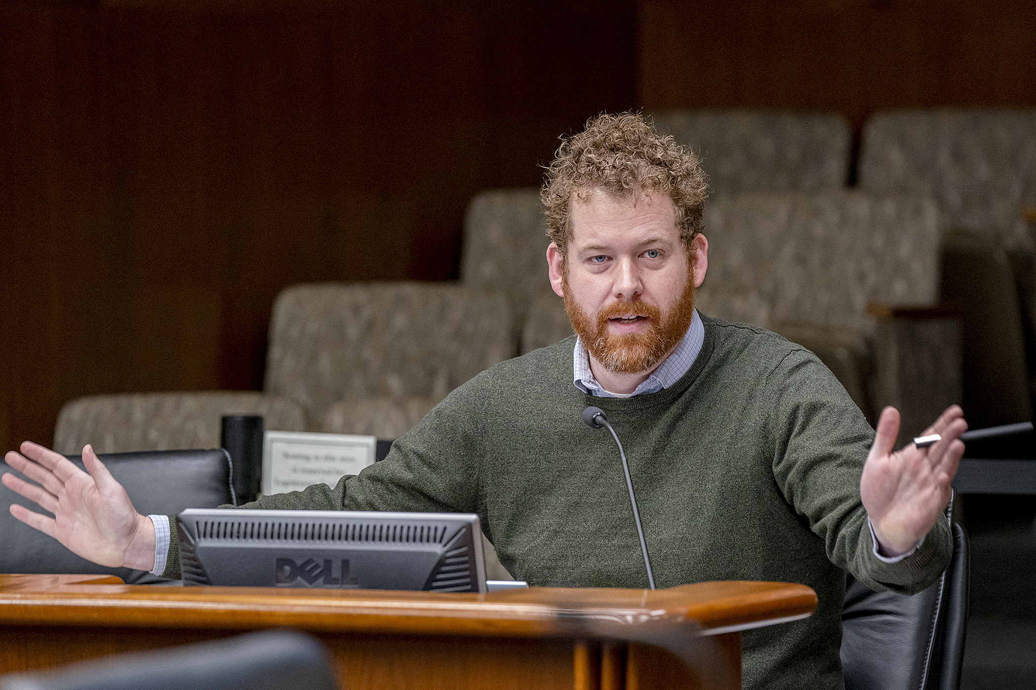 Rep. Zack Stephenson presents HF3488, a bill that would address compensation for minors appearing in Internet content, to the House Judiciary Finance and Civil Law Committee Feb. 15. (Photo by Michele Jokinen)