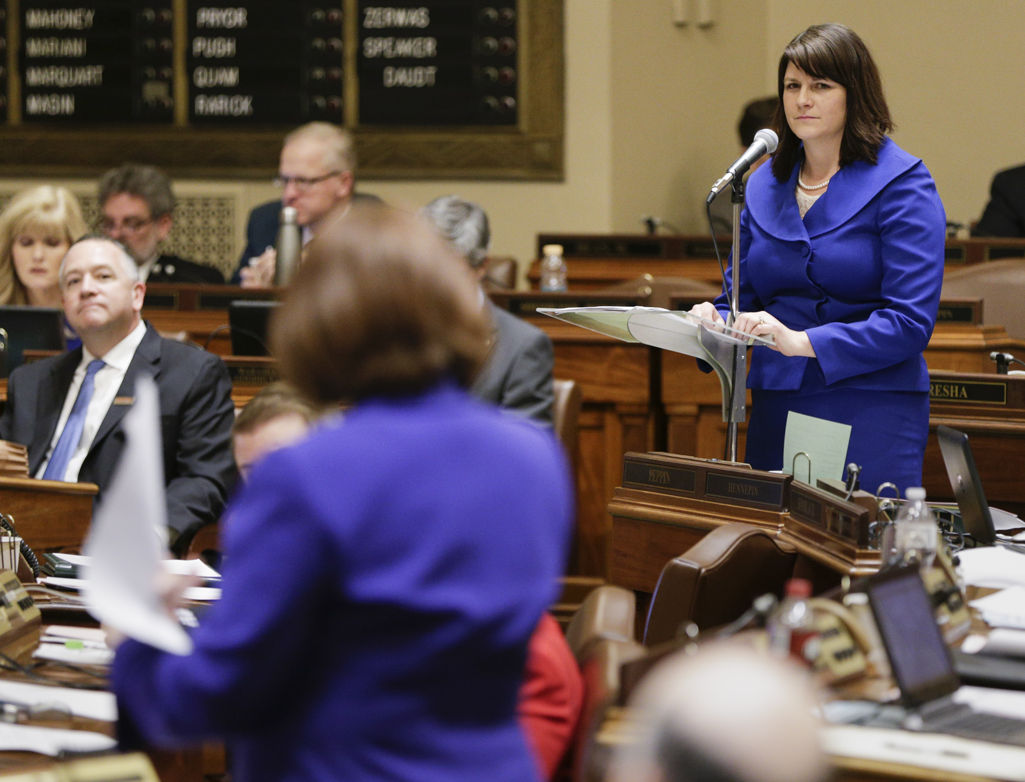 Majority Leader Joyce Peppin, right, listens as Rep. Tina Liebling discusses one of her amendments to the Permanent House Rules during debate on the House Floor Feb. 16. Photo by Paul Battaglia