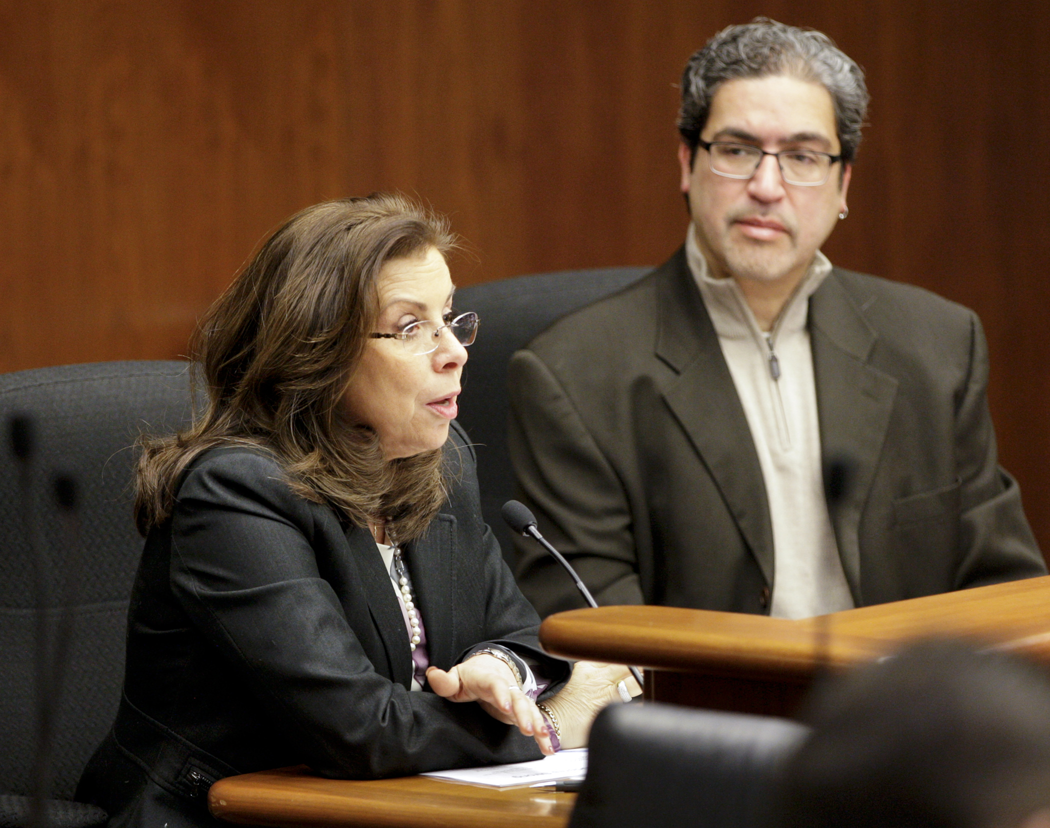 St. Paul Schools Superintendent Valeria Silva testifies before the House Education Innovation Policy Committee Feb. 19, regarding HF15 to increase the compulsory school age to 18. Rep. Carlos Mariani, right, sponsors the bill. Photo by Paul Battaglia