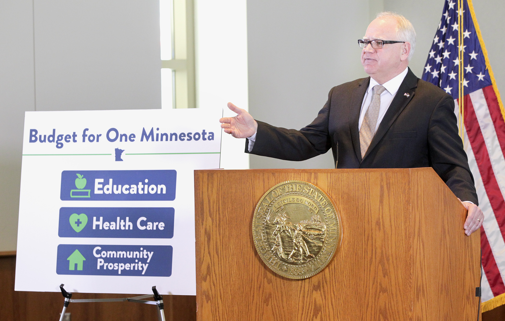 Gov. Tim Walz presents his “One Minnesota” budget at a Feb. 19 press conference. Photo by Paul Battaglia