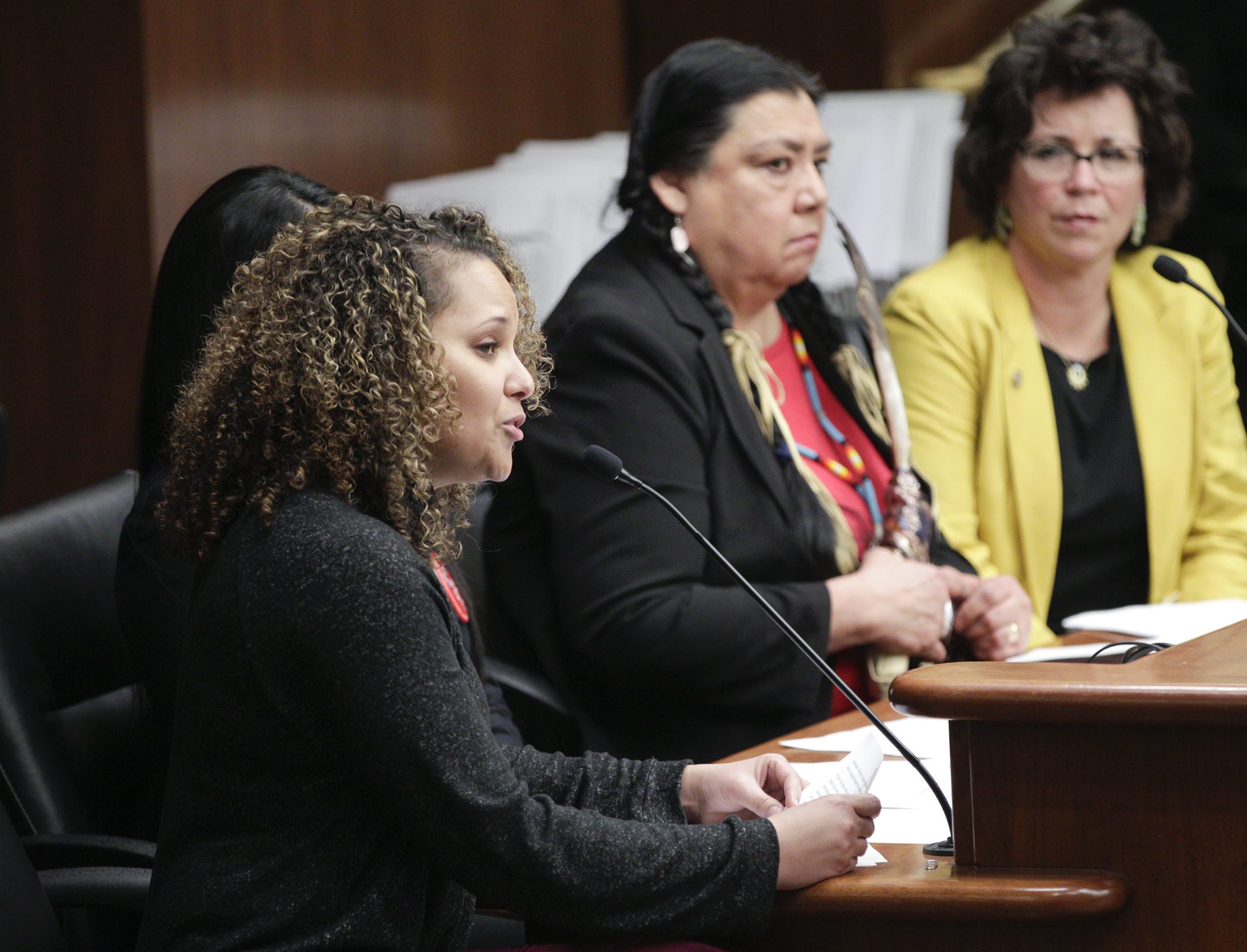 Jessica Davis, 2019 Minnesota Teacher of the Year, testifies Feb. 19 before the House Education Policy Committee on HF3201, sponsored by Rep. Mary Kunesh-Podein, far right. Photo by Paul Battaglia